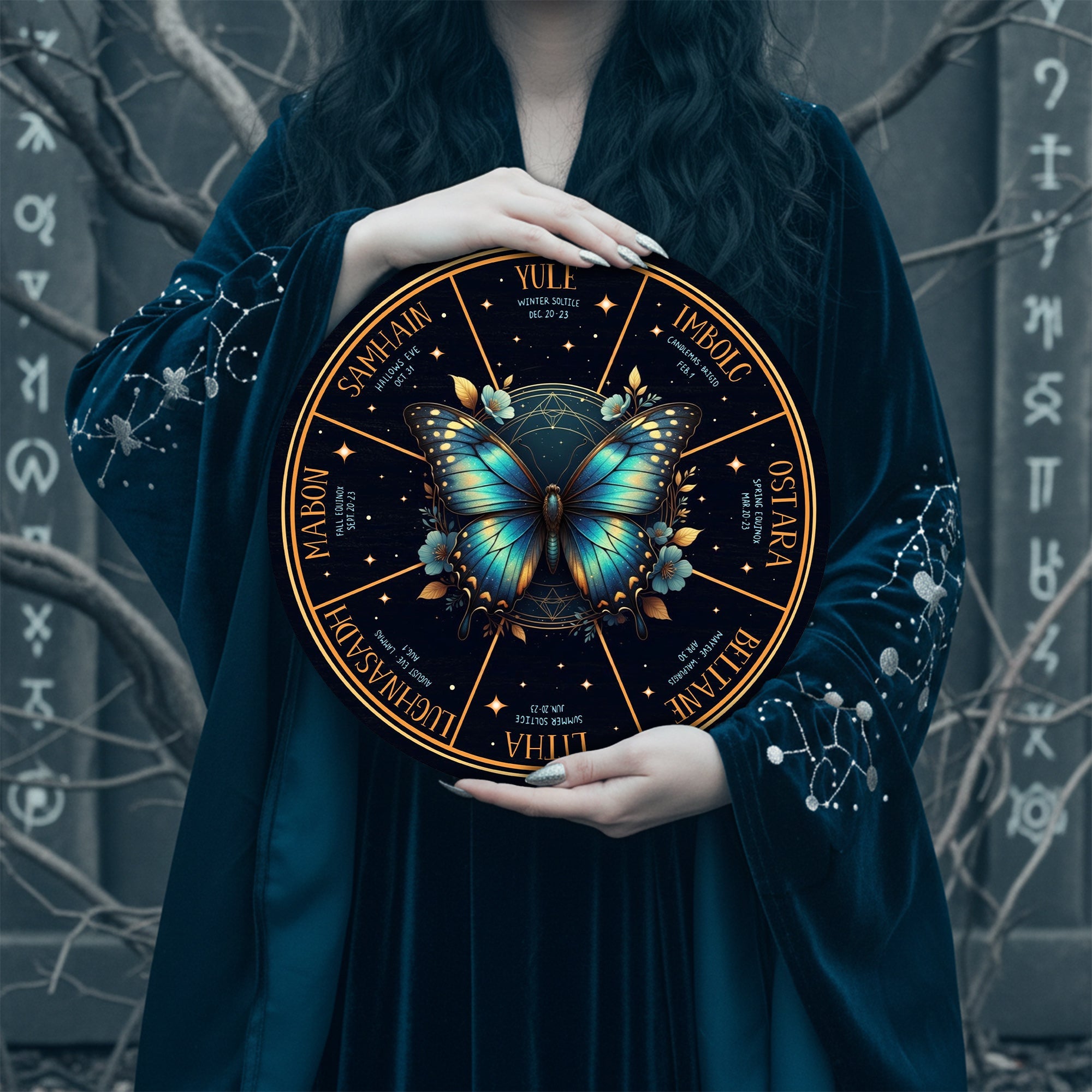 Blue Butterfly Wheel of the Year Wooden Pagan Wall Decor
