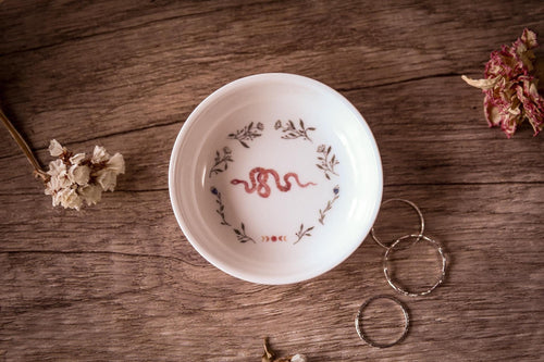 Floral Snake And Moon Phases Ceramic Ring Dish: Witchy Gothic Home Decor
