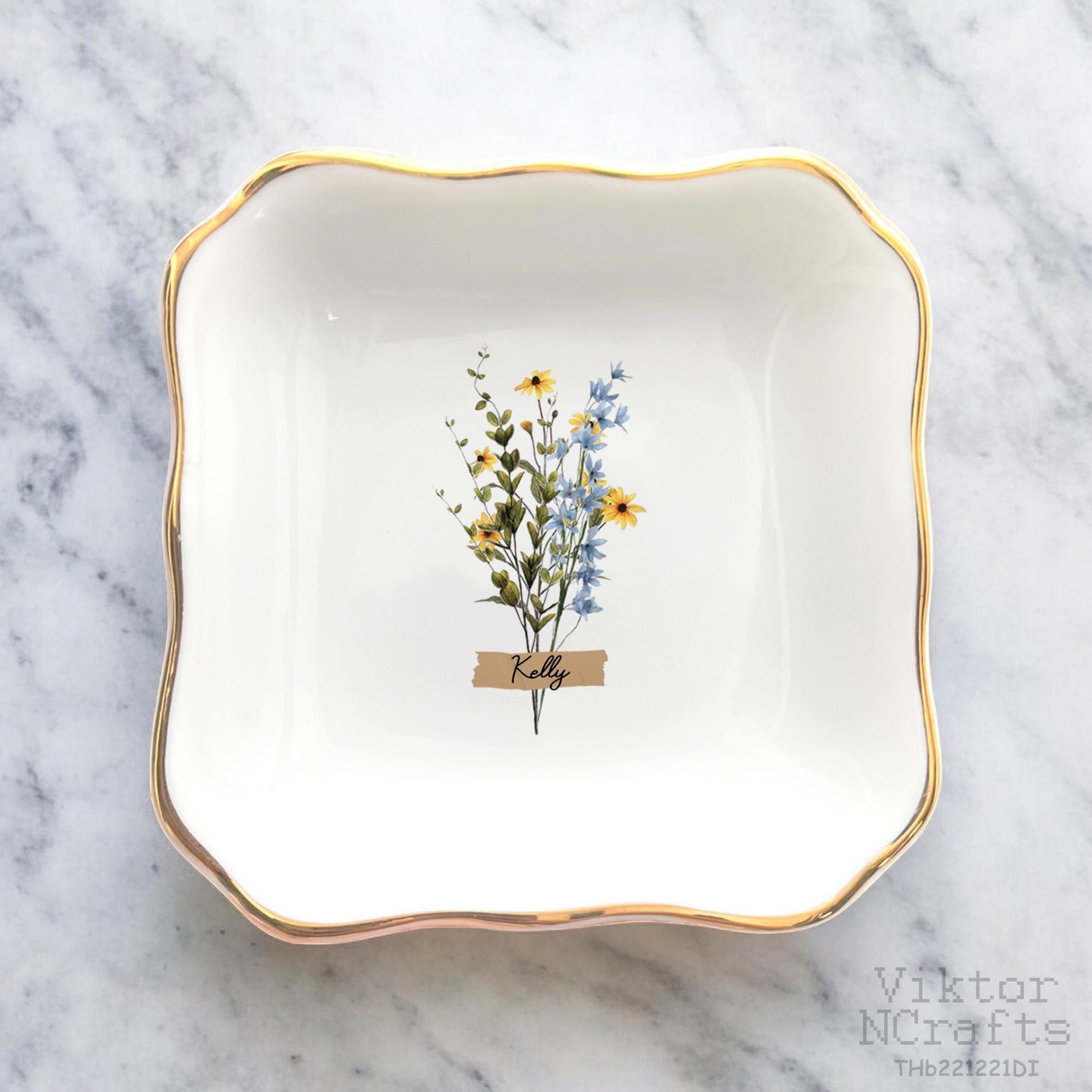 Custom Floral Trinket Tray-Personalized Jewelry Dish-Bridal Shower Gift-Mother's Day Gift-Bride Gift-Bridesmaid Gift-Daughter Birthday Gift