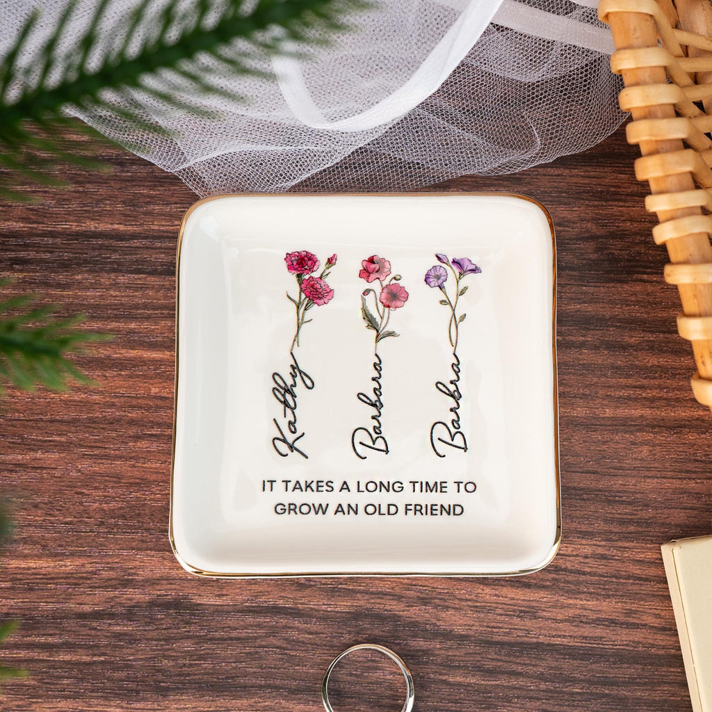 Personalized Birth Flower Jewelry Dish,Wedding Bridesmaid Gift,Best Friend Flower Ring Dish,Birthday Gift for Bestie,Gift for Her,Mom,Women