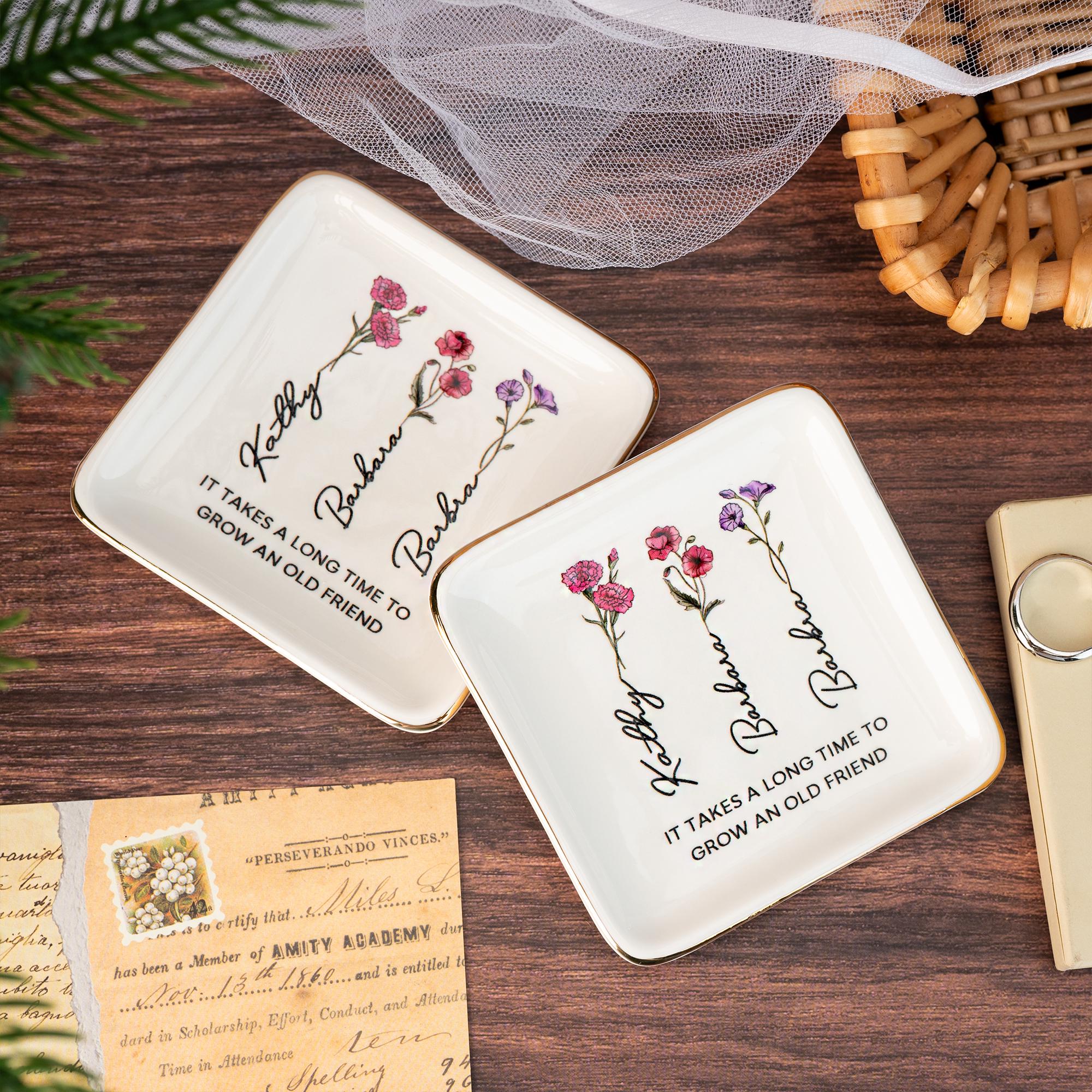 Personalized Birth Flower Jewelry Dish,Wedding Bridesmaid Gift,Best Friend Flower Ring Dish,Birthday Gift for Bestie,Gift for Her,Mom,Women