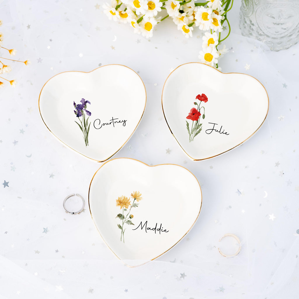 Personalized Birth Flower Jewelry Dish,Floral Name Trinket Dish,Wedding Bridesmaid Ring Dish,Jewelry Dish for Women,Christmas Gift for Her