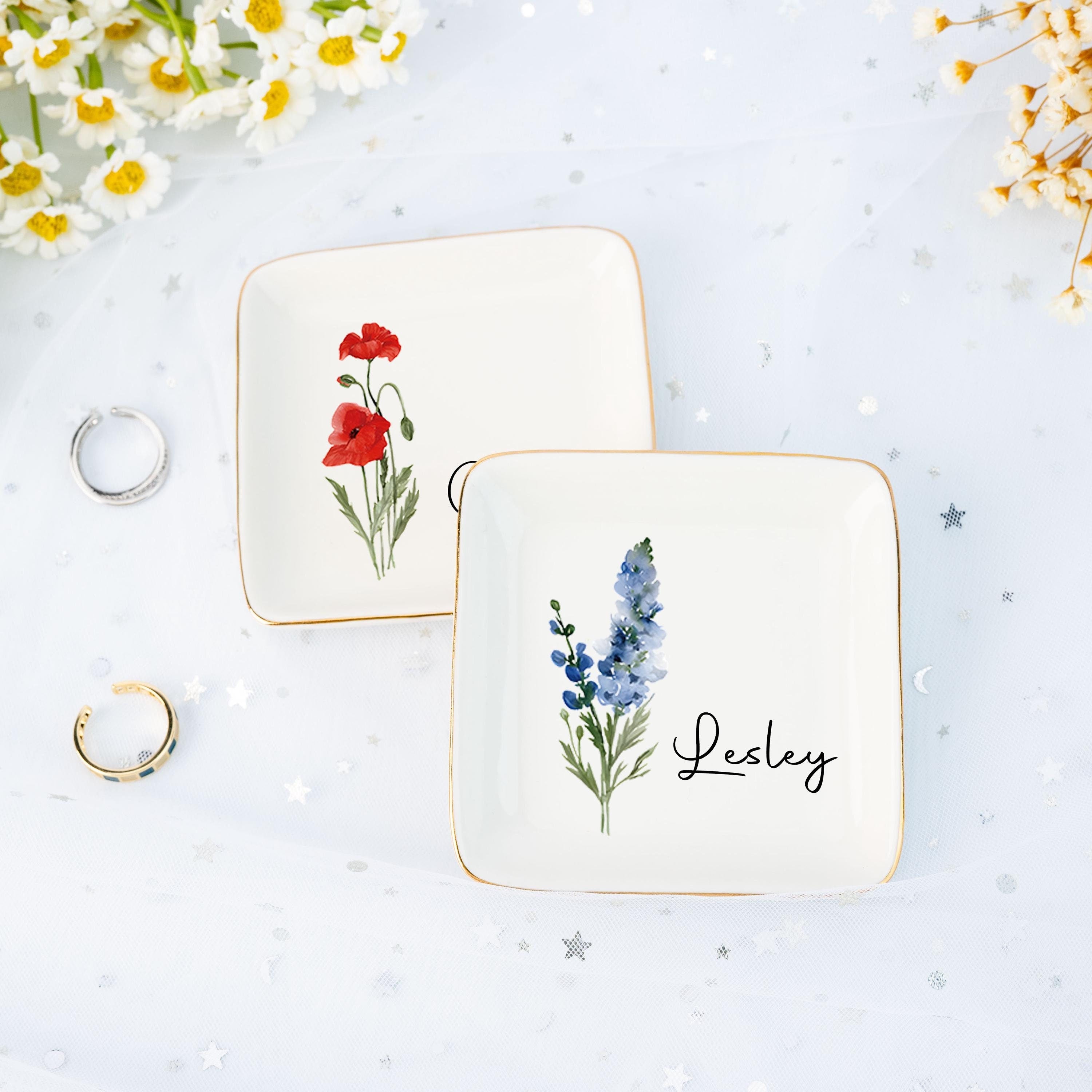 Personalized Birth Flower Jewelry Dish,Floral Name Trinket Dish,Wedding Bridesmaid Ring Dish,Jewelry Dish for Women,Christmas Gift for Her