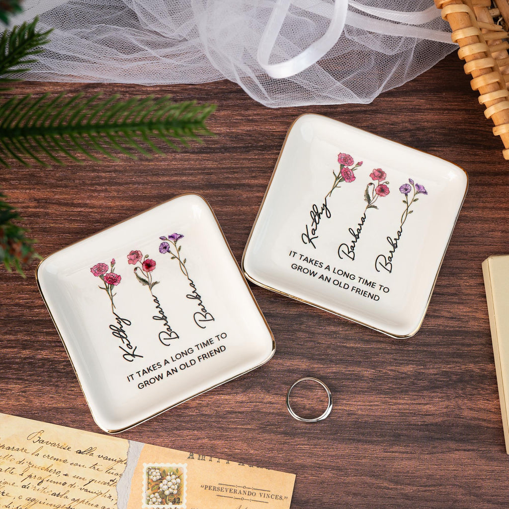 Personalized Birth Flower Jewelry Dish,Wedding Bridesmaid Gift,Best Friend Flower Ring Dish,Birthday Gift for Bestie,Gift for Her,Mom,Women
