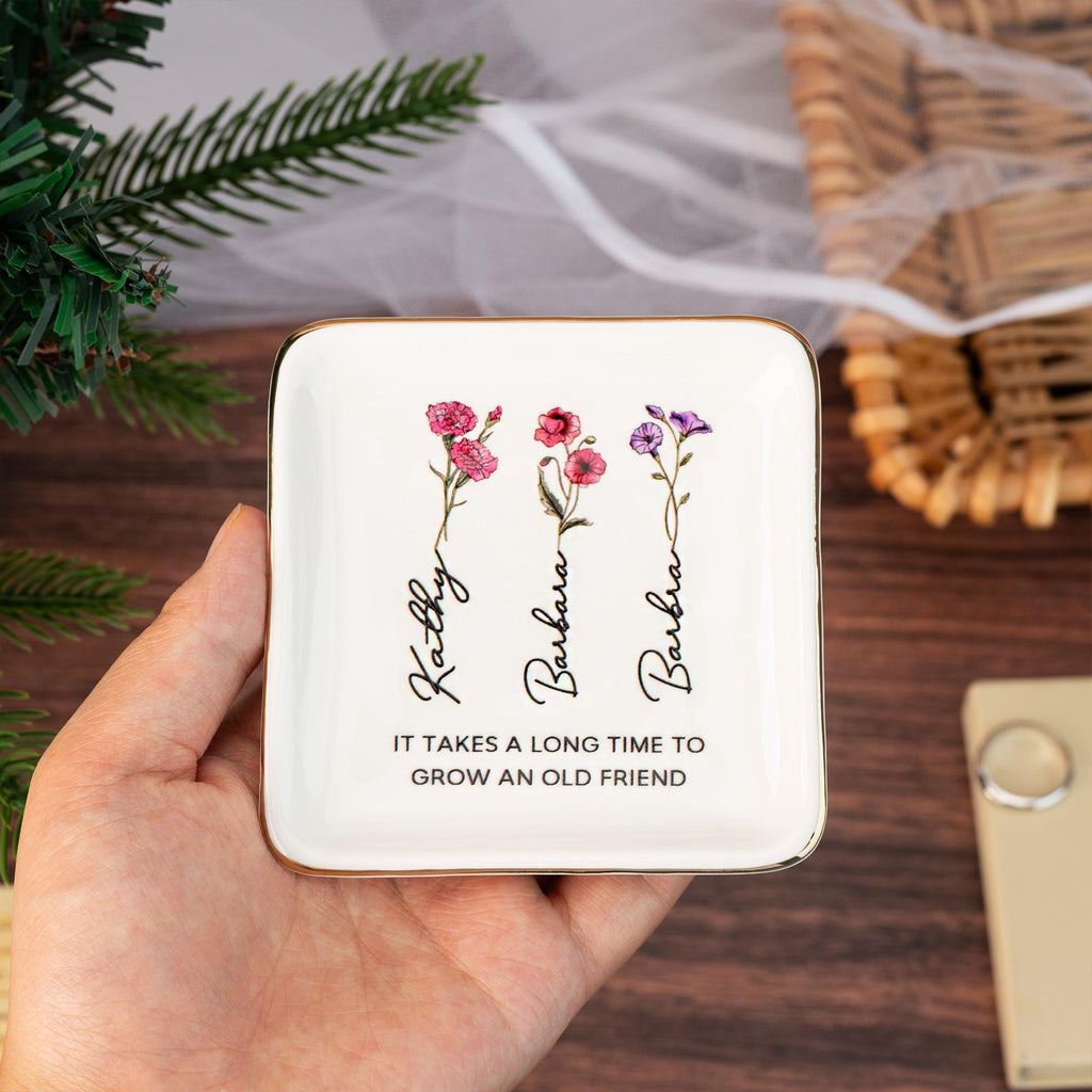 Personalized Birth Flower Jewelry Dish,Wedding Bridesmaid Gift,Best Friend Flower Ring Dish,Birthday Gift for Bestie,Gift for Her,Mom,Women