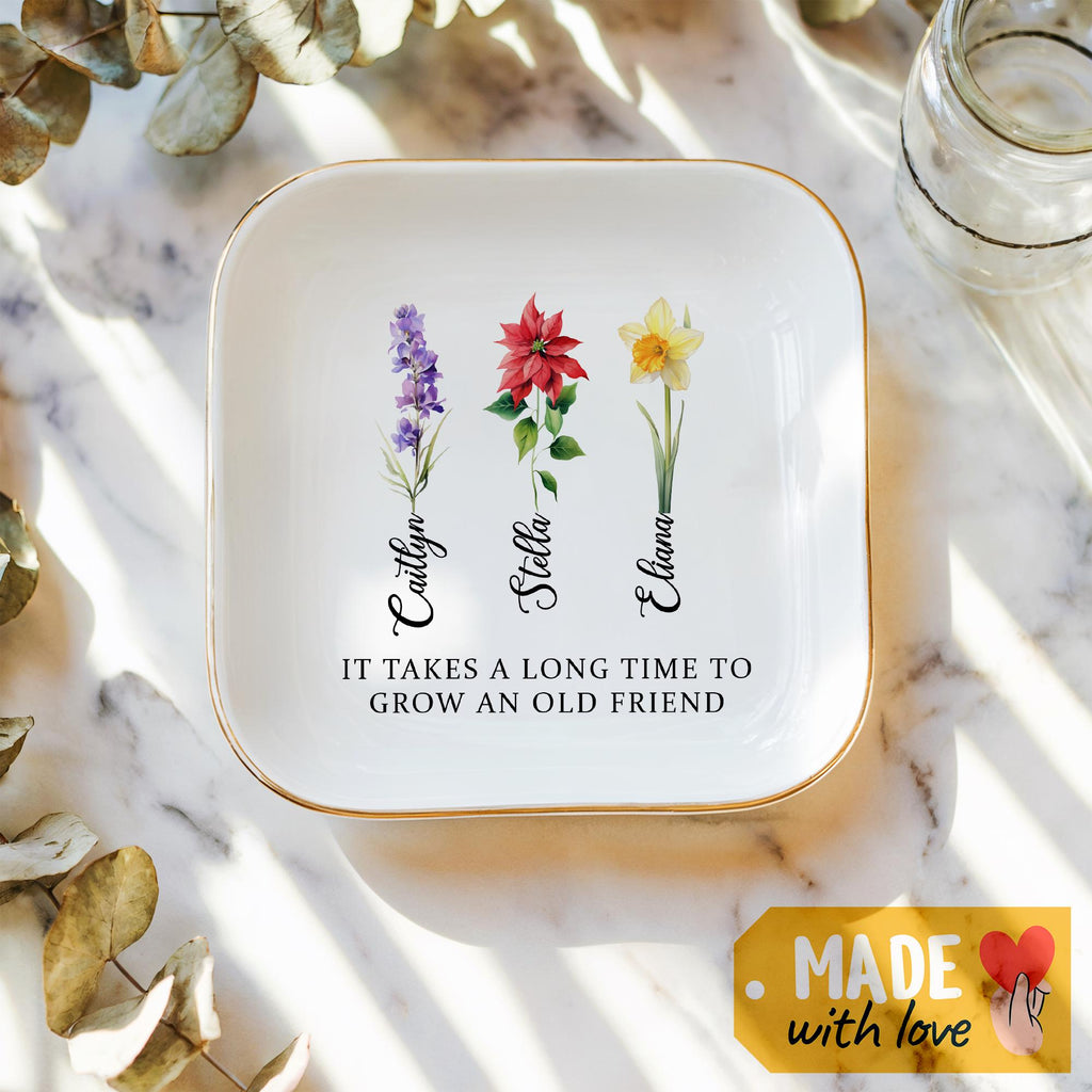 Personalized Birth Flower Jewelry Dish, Bridal Shower Jewelry Dish, Best Friend Wedding Trinket, Birth Flower Trinket, Gift for Best Friend