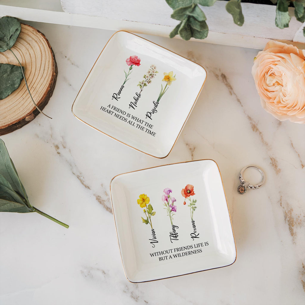 Personalized Birth Flower Jewelry Dish, Bridal Shower Jewelry Dish, Best Friend Wedding Trinket, Birth Flower Trinket, Gift for Best Friend