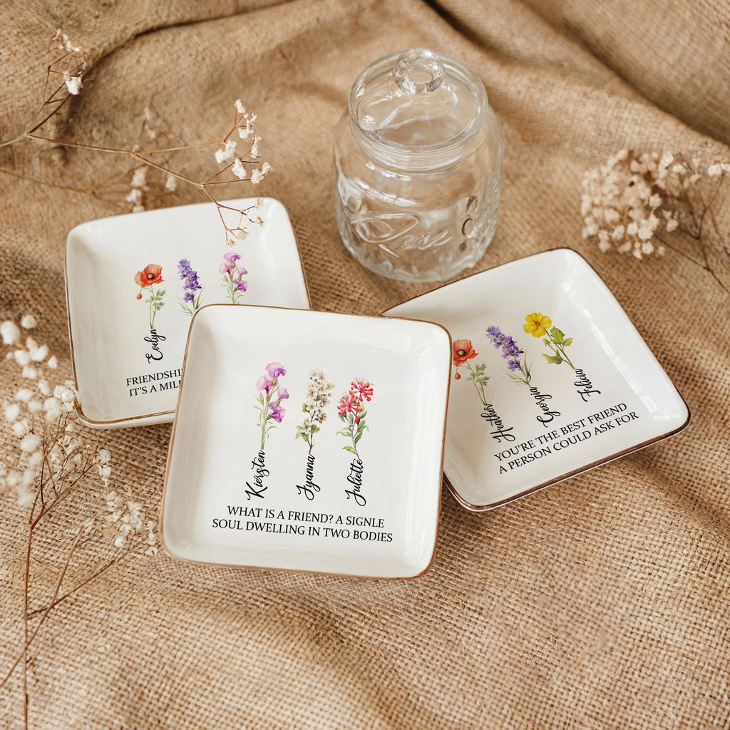 Personalized Birth Flower Jewelry Dish, Bridal Shower Jewelry Dish, Best Friend Wedding Trinket, Birth Flower Trinket, Gift for Best Friend