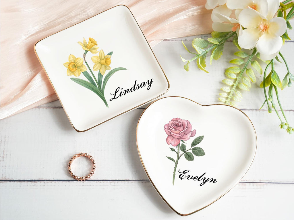 Personalized Birth Flower Trinket Dish,Custom Birthflower Ring Dish,Birthday Jewelry Dish For Friend,Wedding Bridesmaid Gift,Wedding Gift