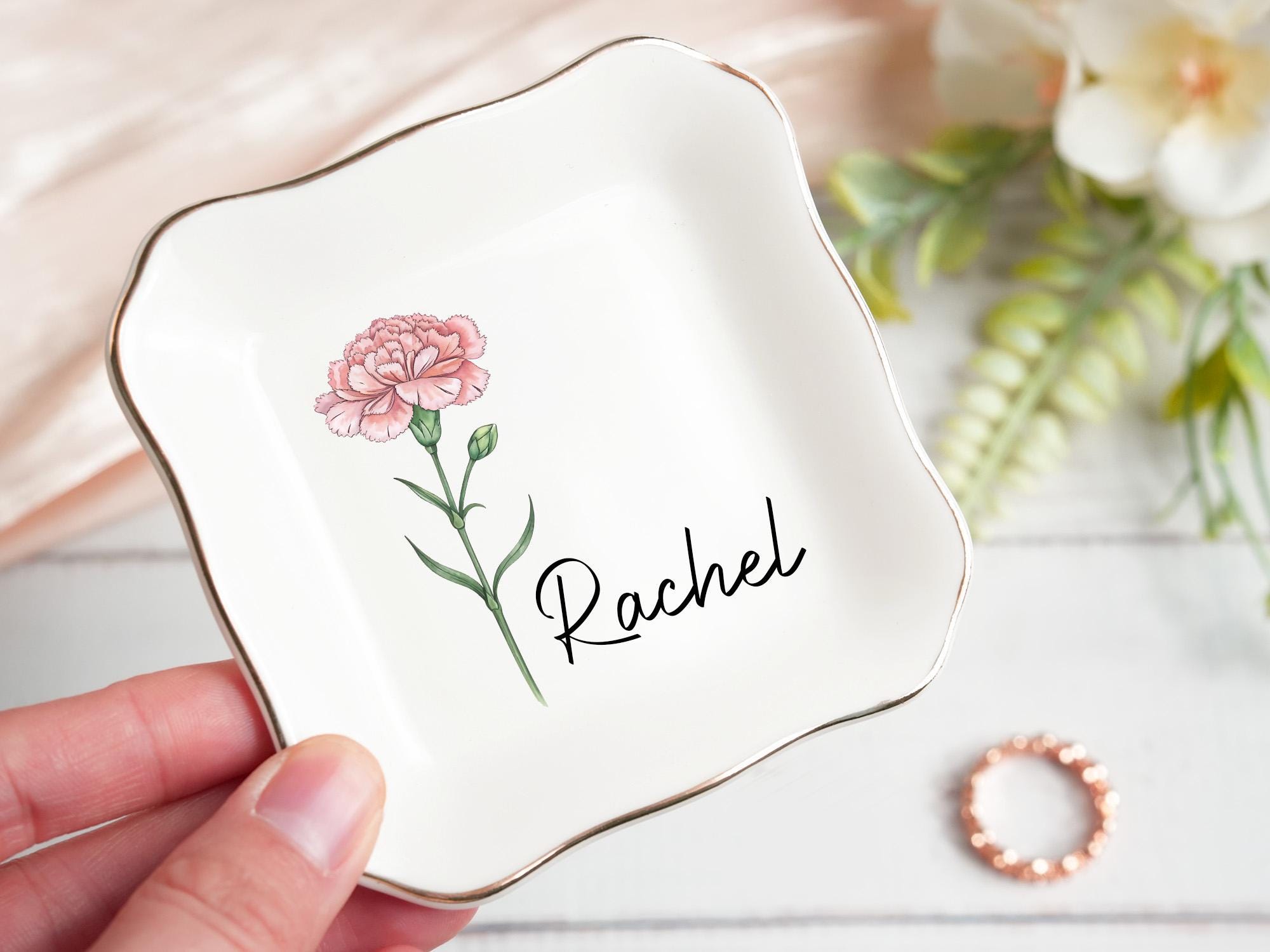 Personalized Birth Flower Trinket Dish,Custom Birthflower Ring Dish,Birthday Jewelry Dish For Friend,Wedding Bridesmaid Gift,Wedding Gift