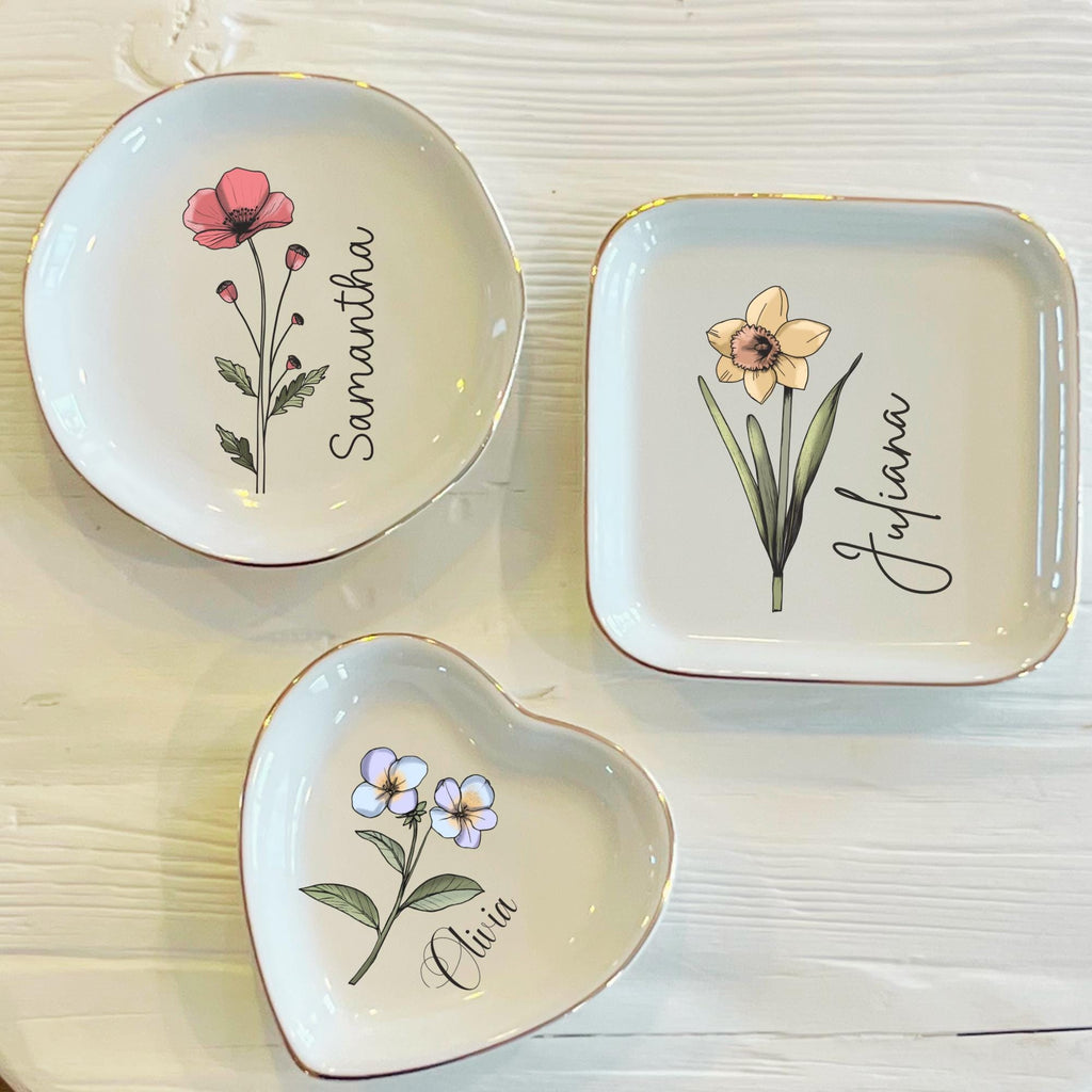 Personalized Boho Birth Flower Ring Trinket Dish | Birth Month Flower Ring Dish | Birthday Jewelry Dish | Wedding Bridesmaid Gift | Mom Gift