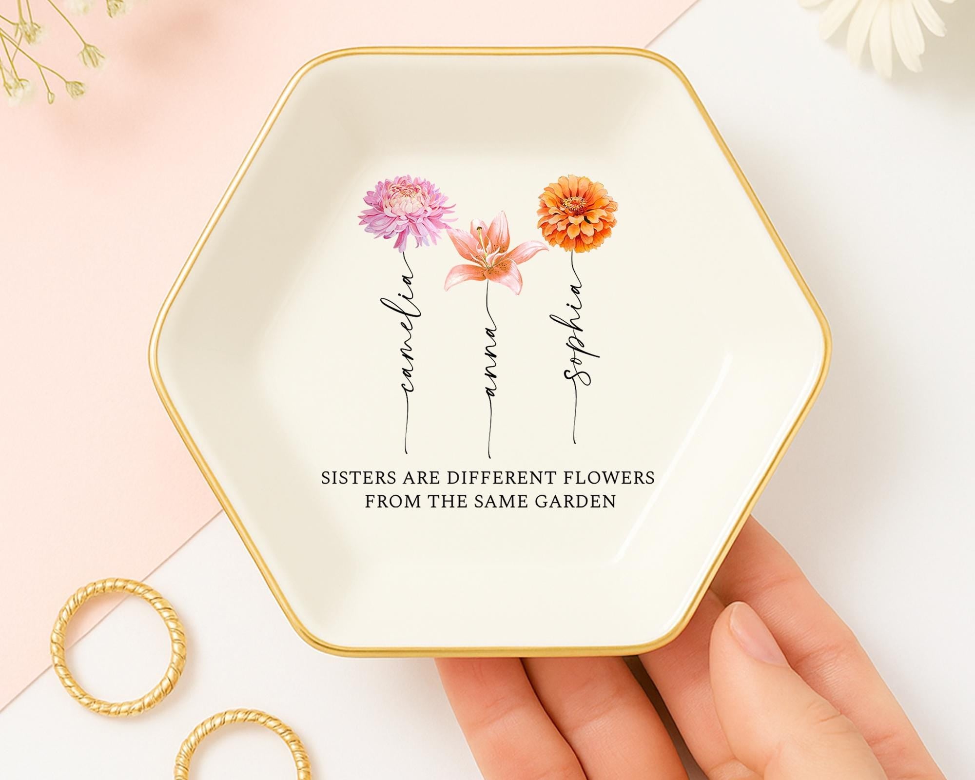 Personalized Sister Birth Flower Jewelry Dish: Ceramic Ring Holder
