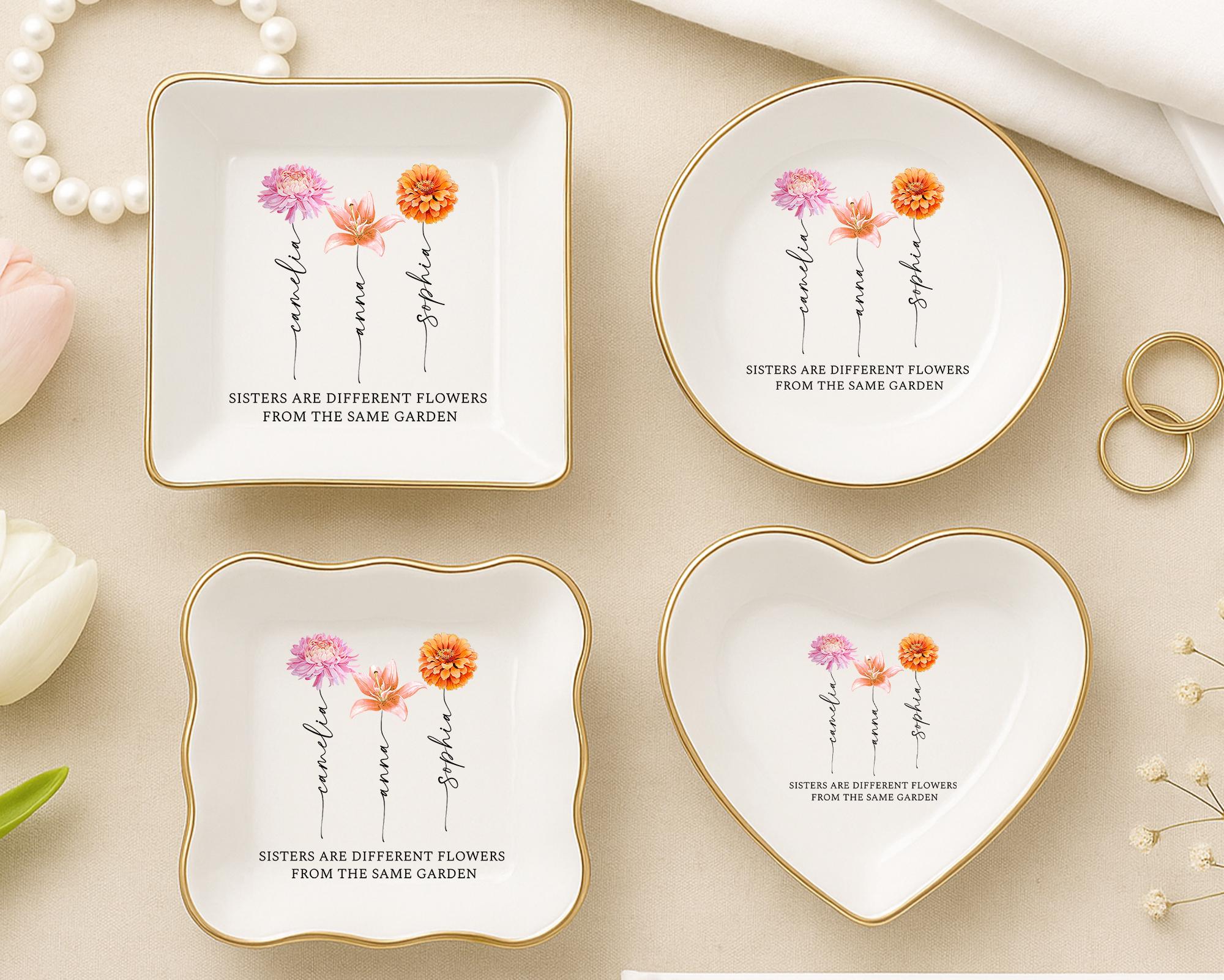 Personalized Sister Birth Flower Jewelry Dish: Ceramic Ring Holder