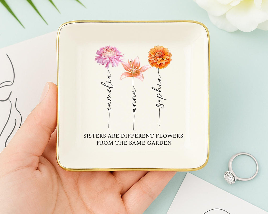 Personalized Sister Birth Flower Jewelry Dish: Ceramic Ring Holder