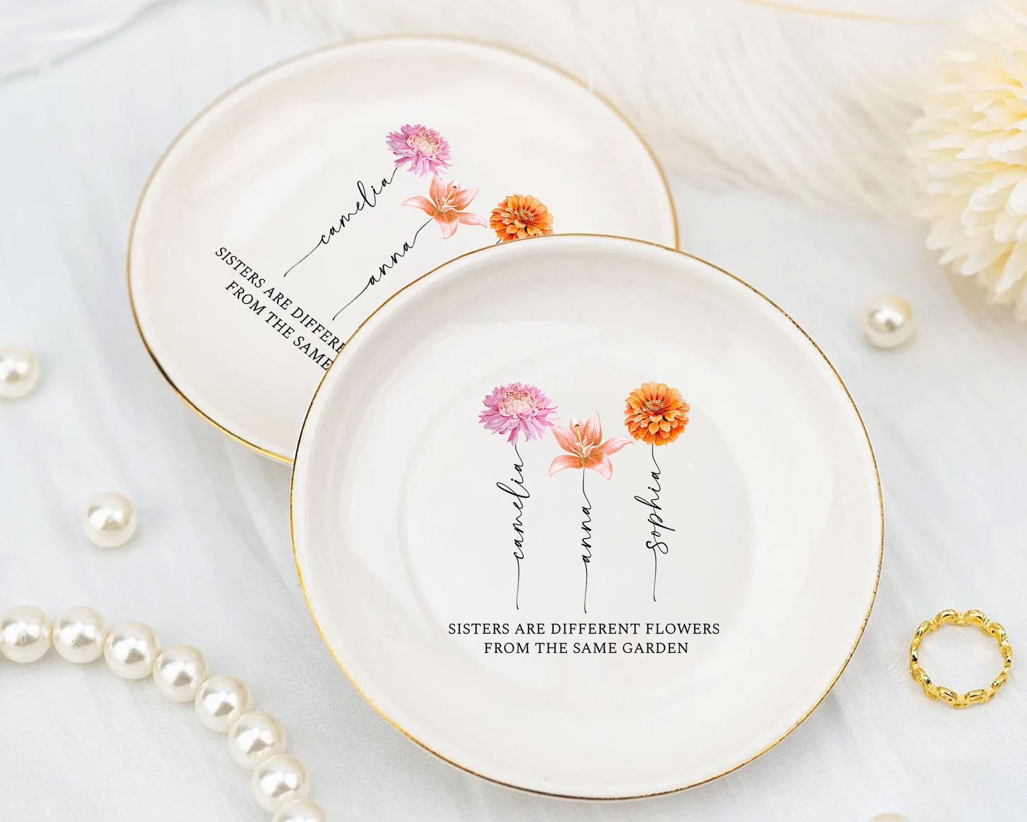 Personalized Sister Birth Flower Jewelry Dish: Ceramic Ring Holder