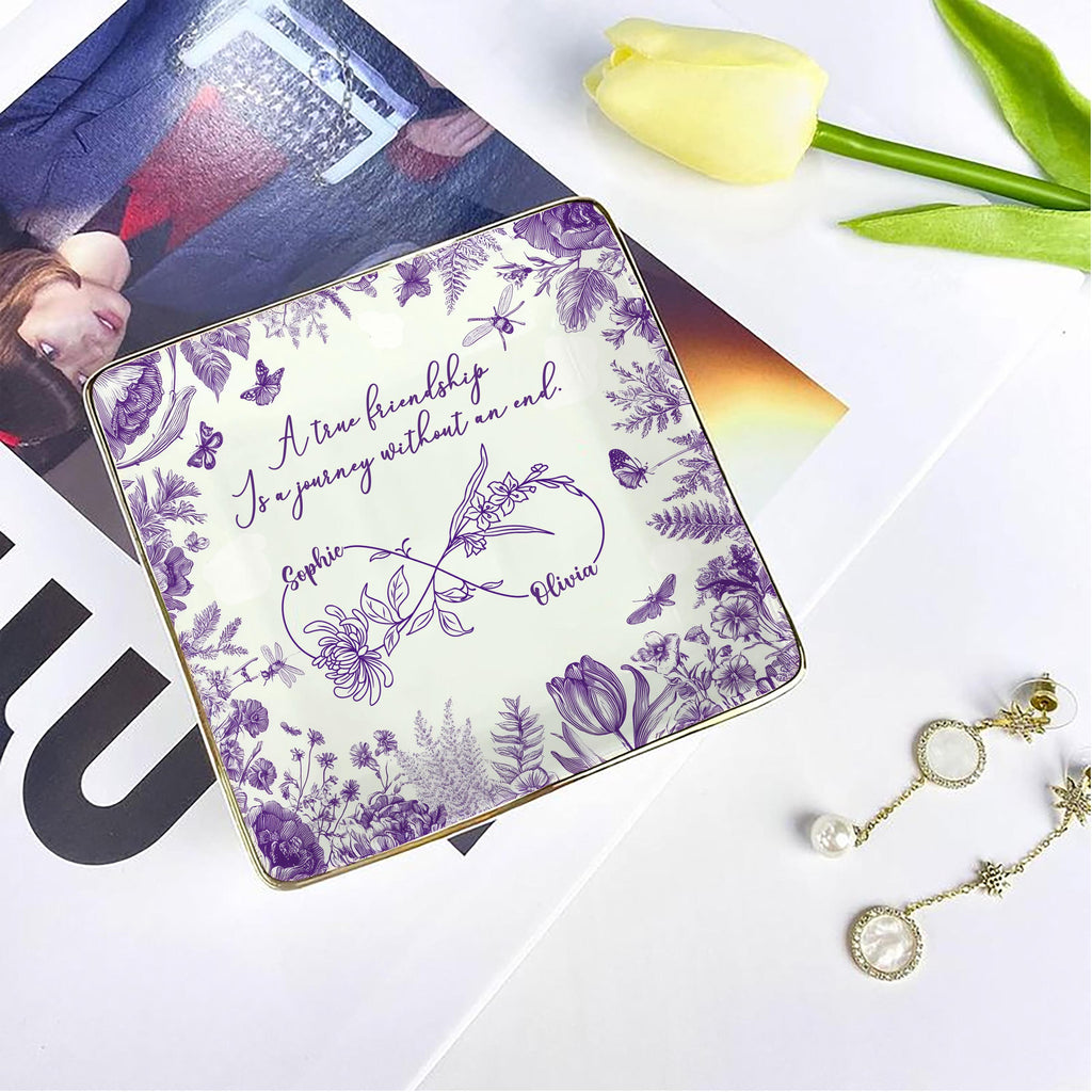 Custom Friendship Jewelry Dish,  Personalized Names & Birth Flowers Tray, Best Friend Gift, Toile Floral Trinket Dish Keepsake, Besties Gift