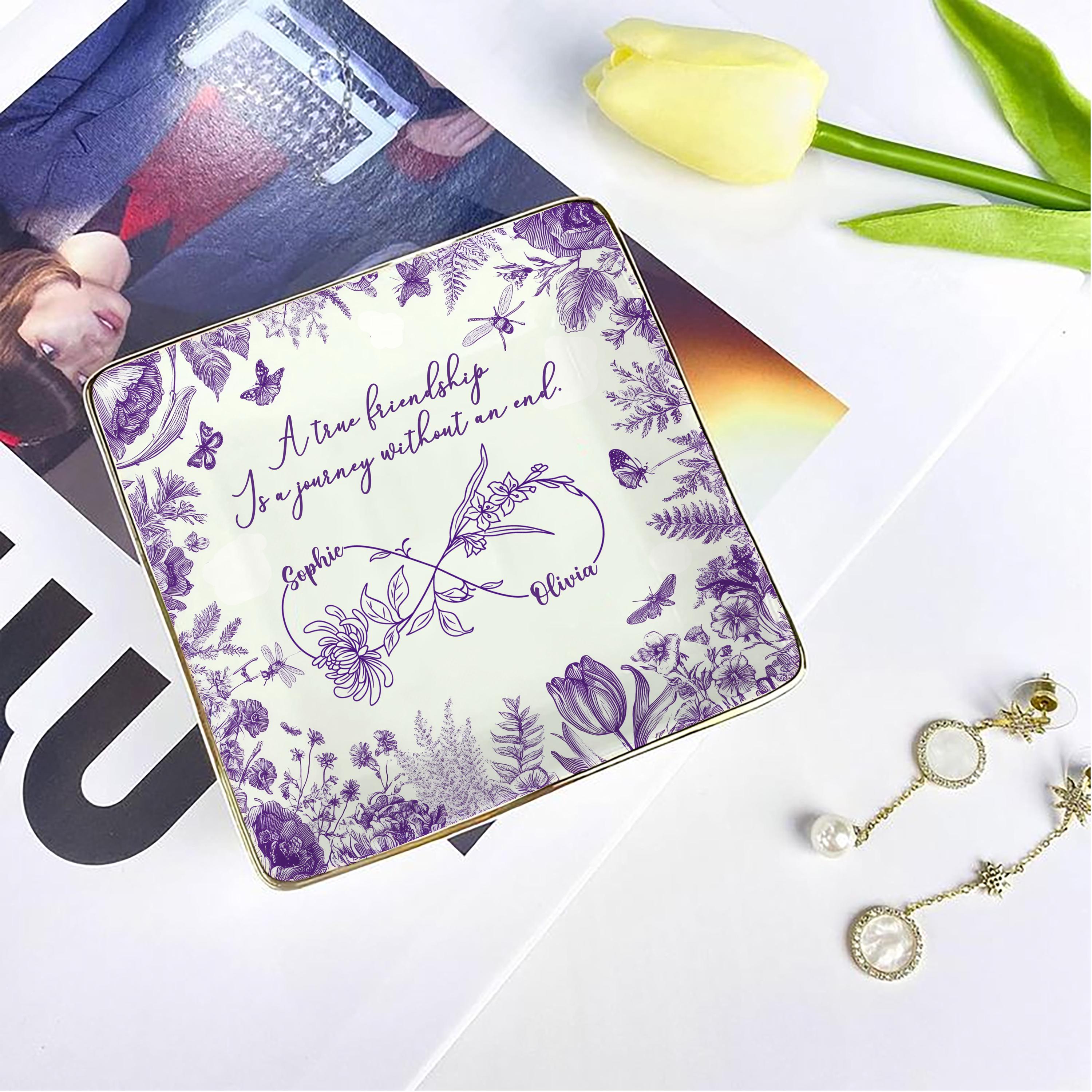 Custom Friendship Jewelry Dish,  Personalized Names & Birth Flowers Tray, Best Friend Gift, Toile Floral Trinket Dish Keepsake, Besties Gift