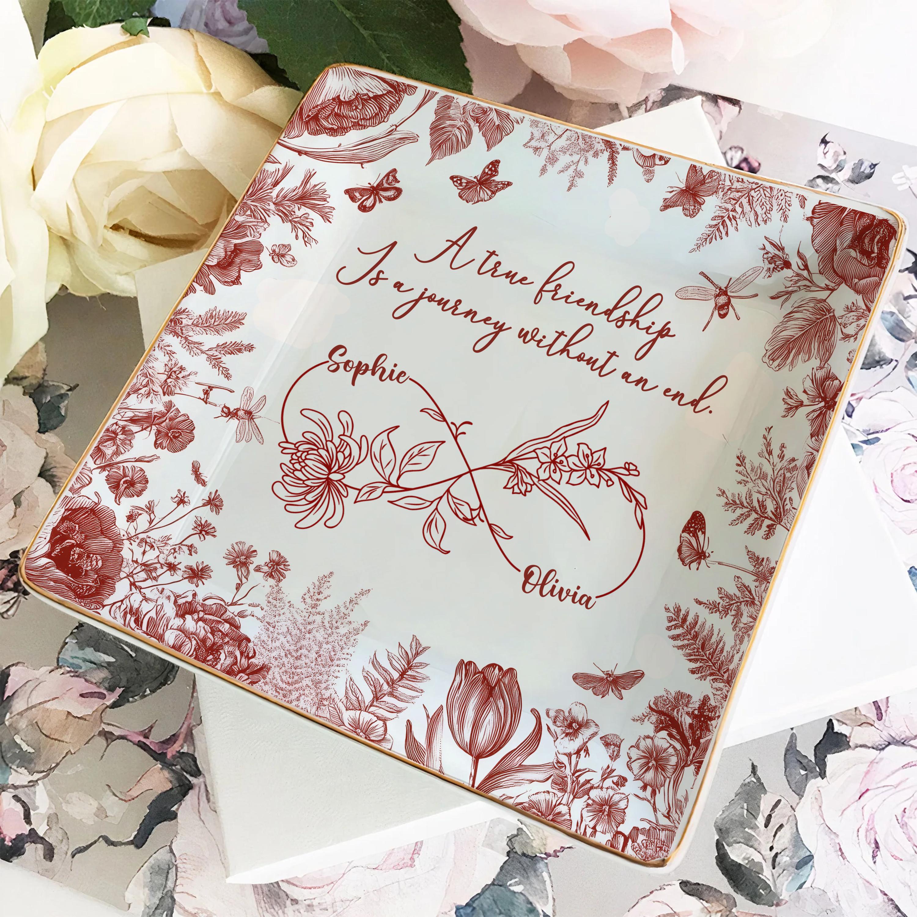 Custom Friendship Jewelry Dish,  Personalized Names & Birth Flowers Tray, Best Friend Gift, Toile Floral Trinket Dish Keepsake, Besties Gift