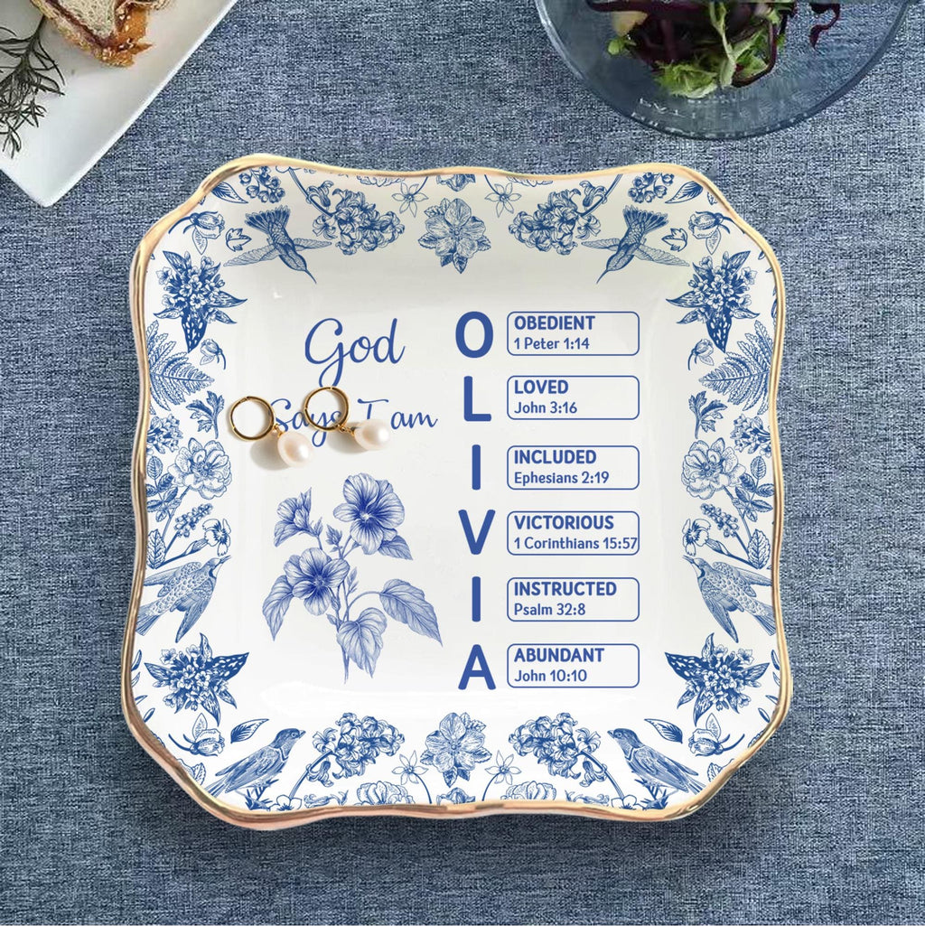 God Says I Am Name Letter In Bible Toile De Jouy Style, Personalized Jewelry Dish, Christian Gift, Gift for Her, Mental Health Giftful Dish