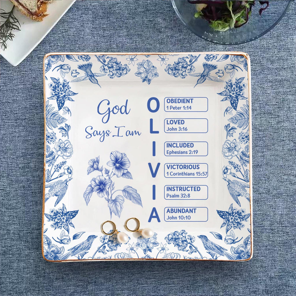God Says I Am Name Letter In Bible Toile De Jouy Style, Personalized Jewelry Dish, Christian Gift, Gift for Her, Mental Health Giftful Dish