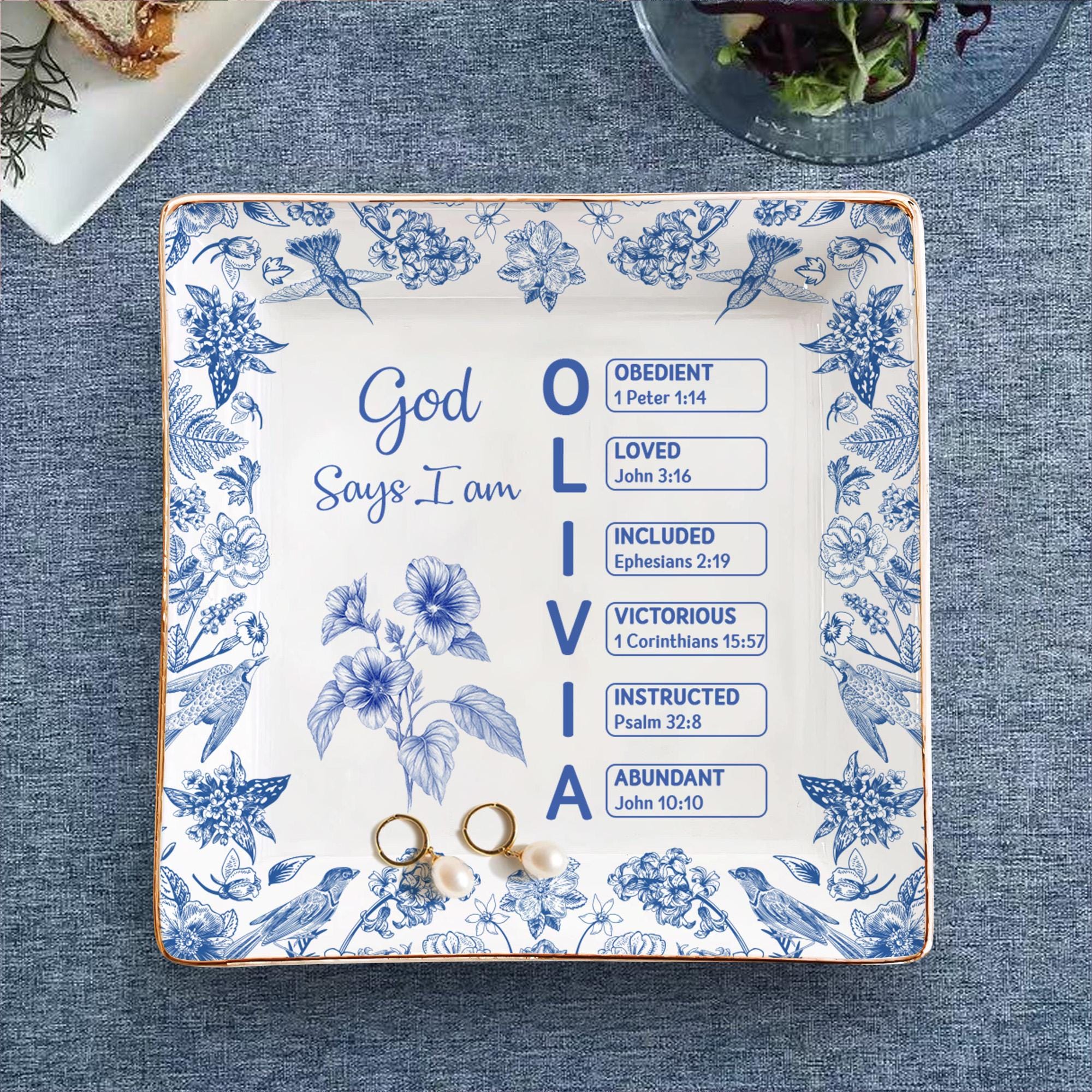 God Says I Am Name Letter In Bible Toile De Jouy Style, Personalized Jewelry Dish, Christian Gift, Gift for Her, Mental Health Giftful Dish