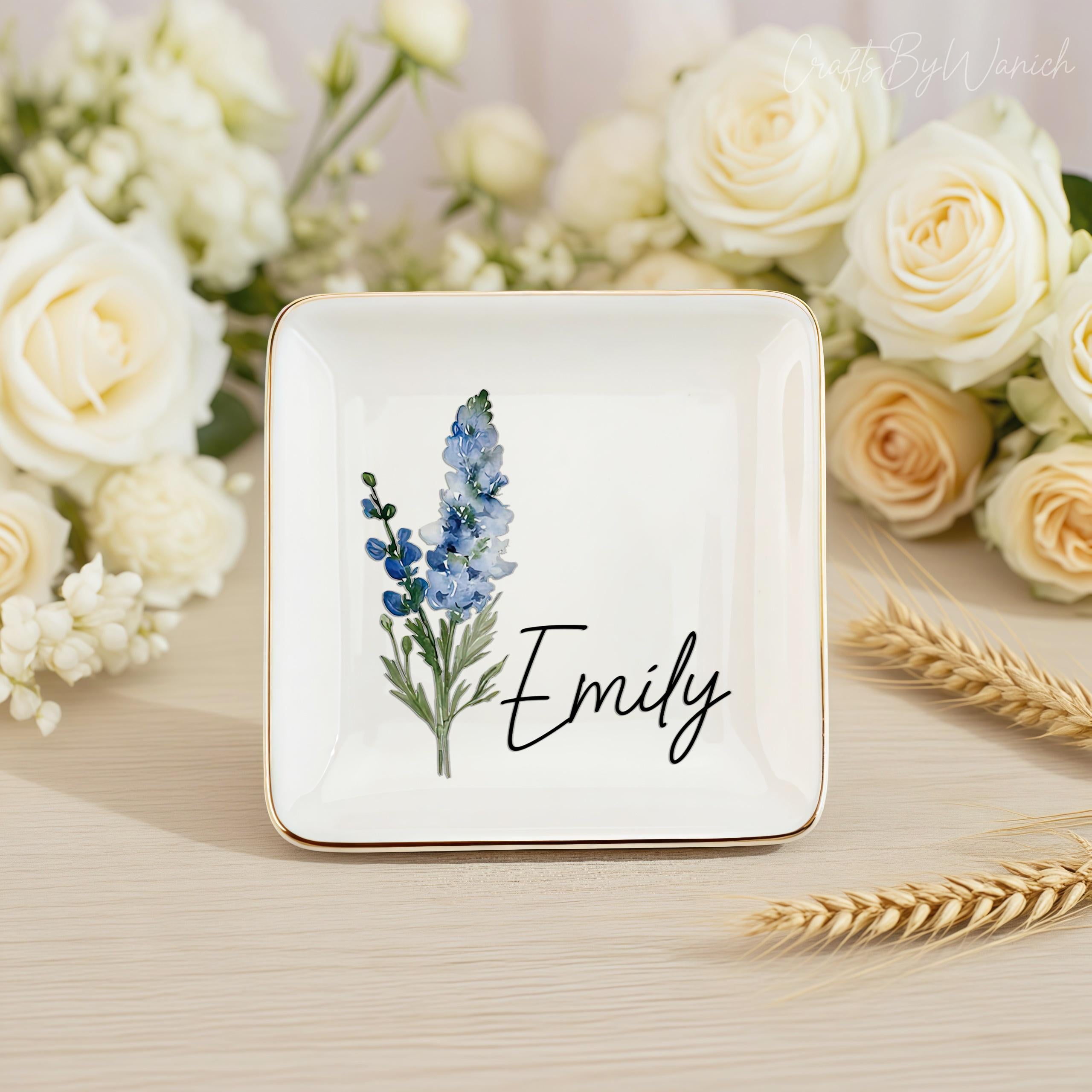 Personalised Birth Flower Trinket Dish, Custom Watercolor Flower Ring Dish, Birthday Jewelry Dish, Wedding Bridesmaid Gift, Christmas Gifts