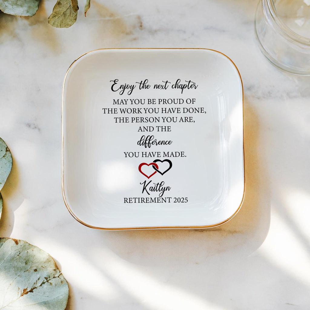 Happy Retirement Trinket Dish, Custom Jewelry Dish, Ceramic Ring Dish, Gift for Colleague, Unique Gift, Gift for Retirees, Personalized Gift