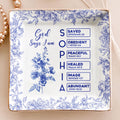 God Says I Am Name Letter In Bible Toile De Jouy Style, Personalized Christian Jewelry Dish: Toile De Jouy Ceramic Ring Holder