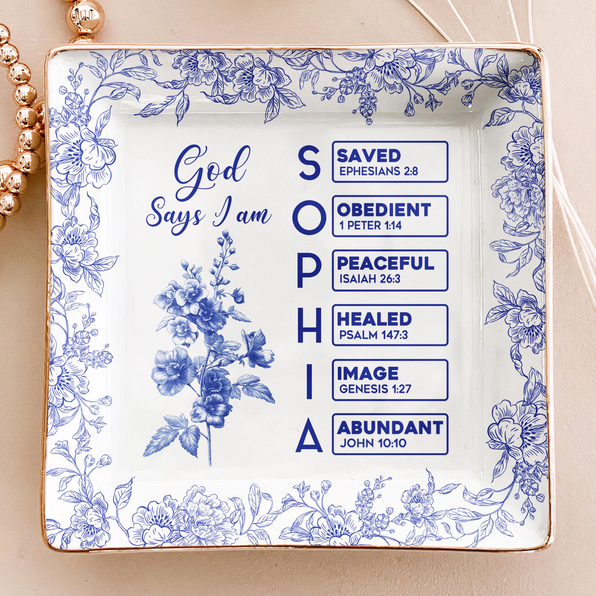 God Says I Am Name Letter In Bible Toile De Jouy Style, Personalized Christian Jewelry Dish: Toile De Jouy Ceramic Ring Holder