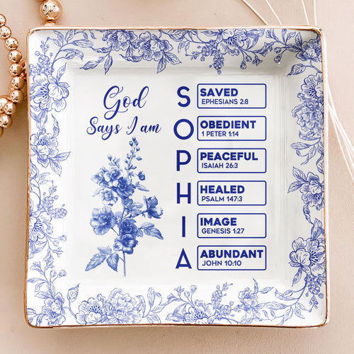 God Says I Am Name Letter In Bible Toile De Jouy Style, Personalized Christian Jewelry Dish: Toile De Jouy Ceramic Ring Holder