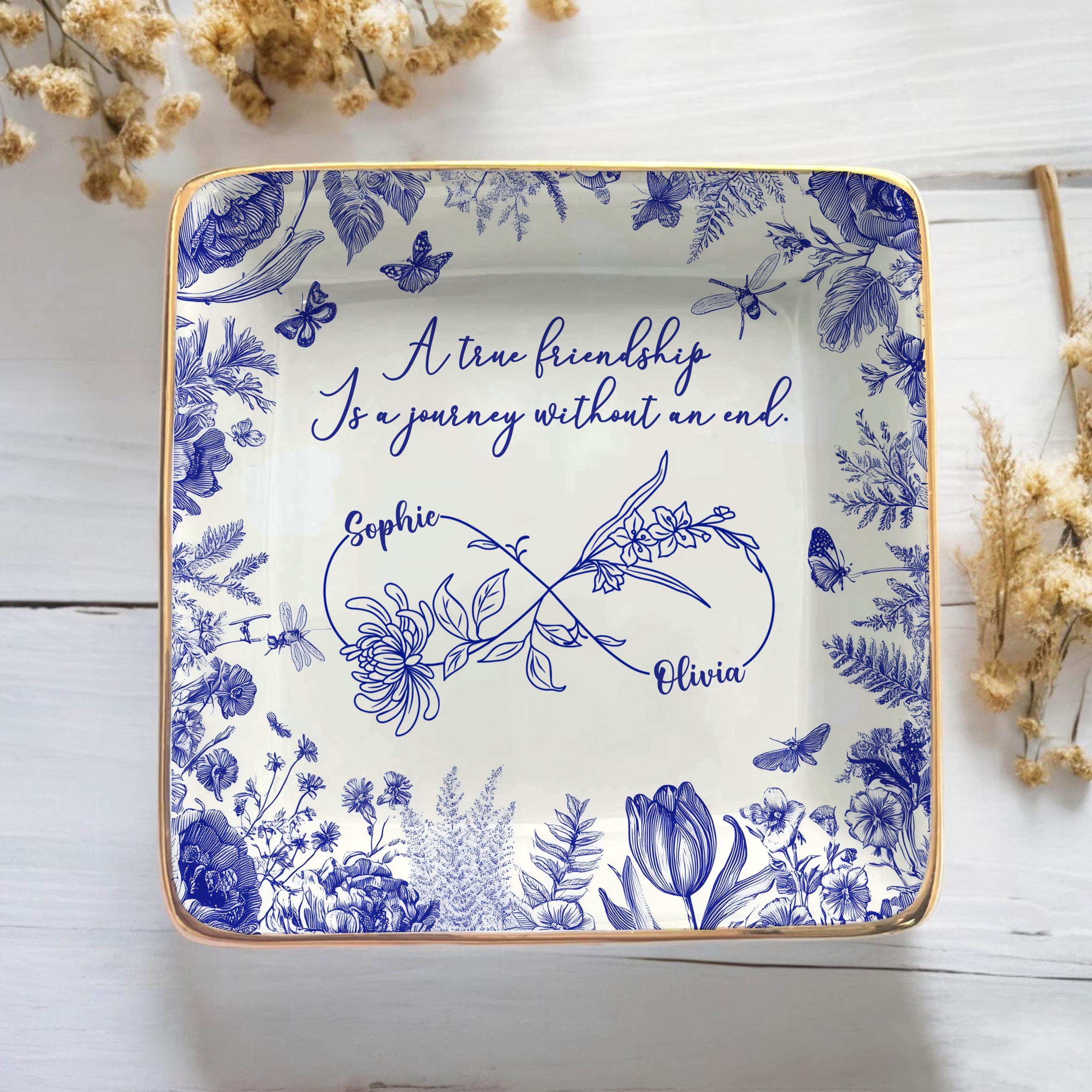 Custom Friendship Jewelry Dish,  Personalized Names & Birth Flowers Tray, Best Friend Gift, Toile Floral Trinket Dish Keepsake, Besties Gift