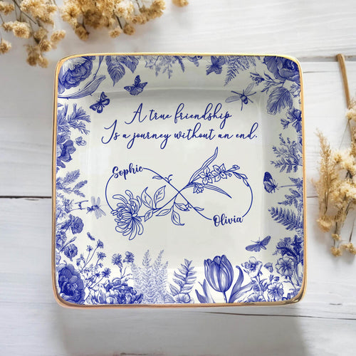 Custom Friendship Jewelry Dish,  Personalized Names & Birth Flowers Tray, Best Friend Gift, Toile Floral Trinket Dish Keepsake, Besties Gift