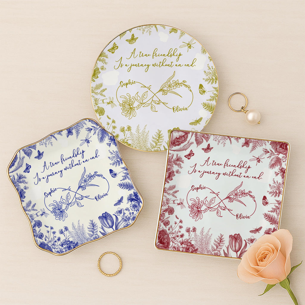 Custom Friendship Jewelry Dish,  Personalized Names & Birth Flowers Tray, Best Friend Gift, Toile Floral Trinket Dish Keepsake, Besties Gift