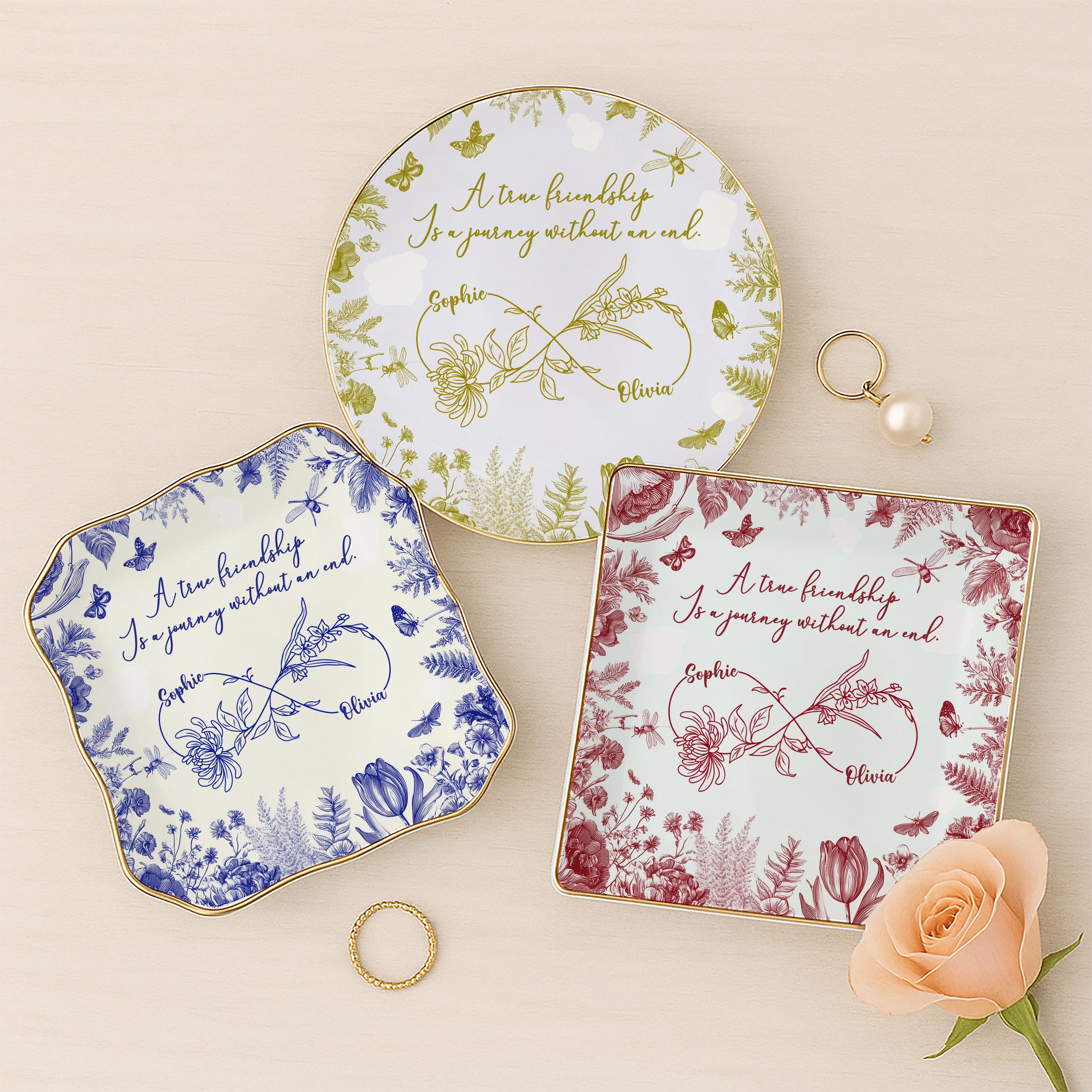 Custom Friendship Jewelry Dish,  Personalized Names & Birth Flowers Tray, Best Friend Gift, Toile Floral Trinket Dish Keepsake, Besties Gift