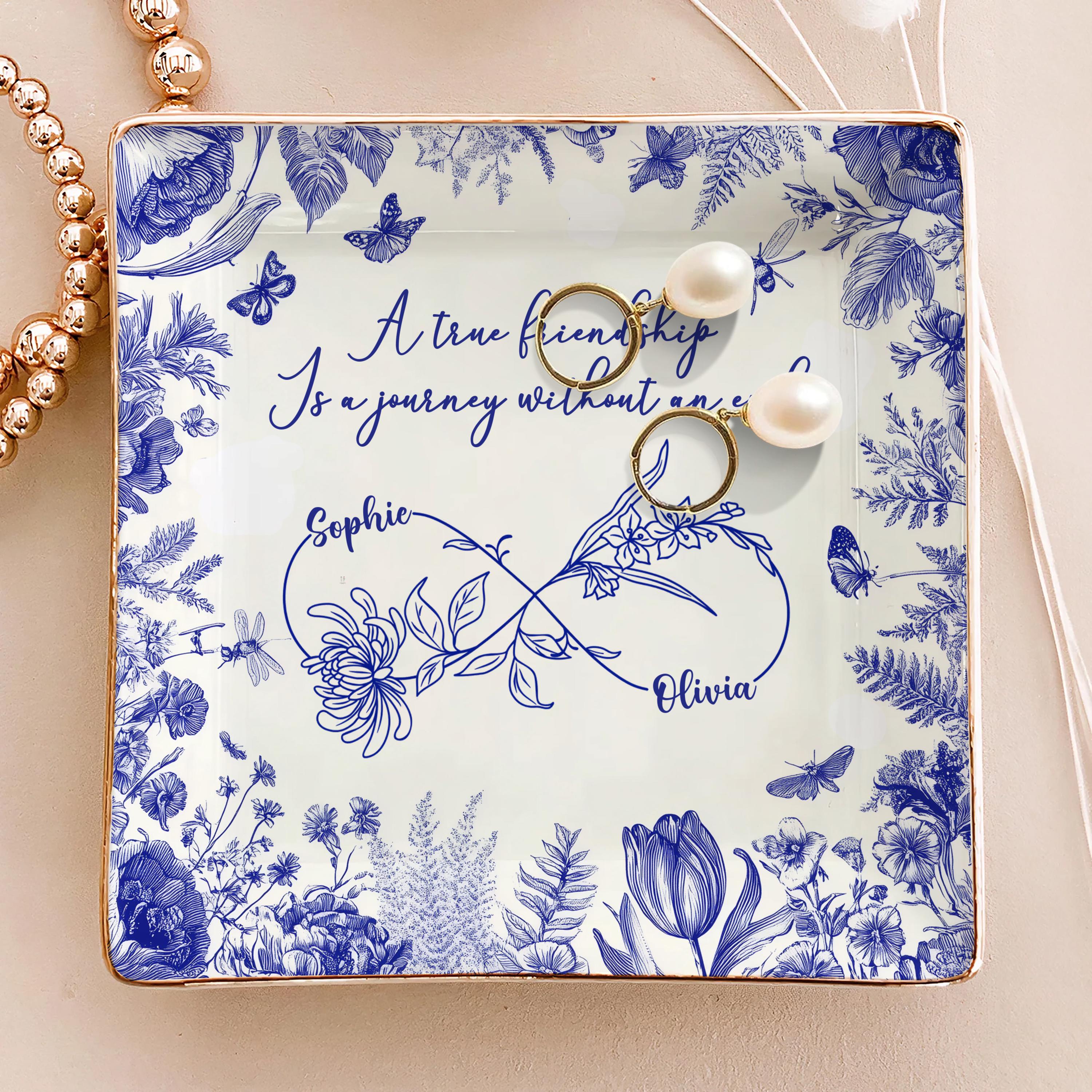 Custom Friendship Jewelry Dish,  Personalized Names & Birth Flowers Tray, Best Friend Gift, Toile Floral Trinket Dish Keepsake, Besties Gift