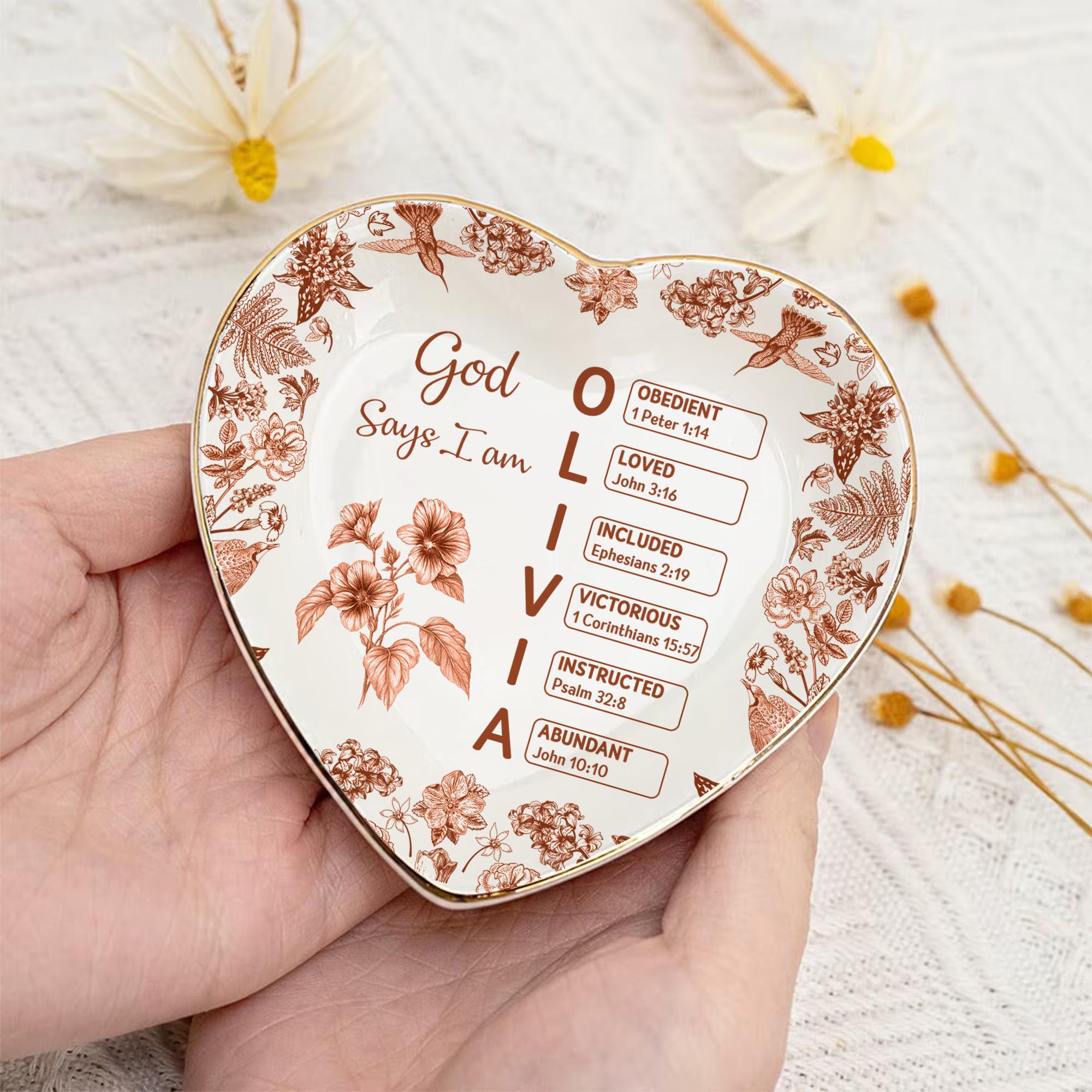 God Says I Am Name Letter In Bible Toile De Jouy Style, Personalized Jewelry Dish, Christian Gift, Gift for Her, Mental Health Giftful Dish