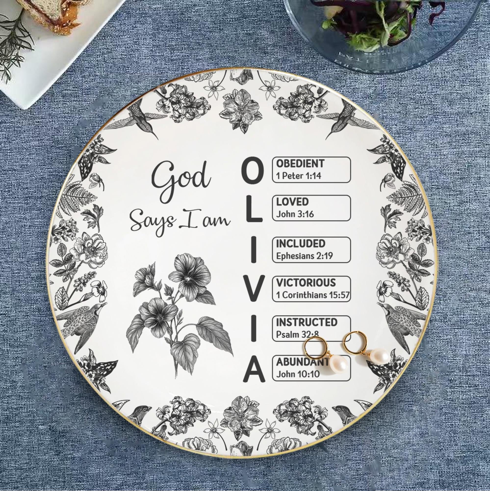 God Says I Am Name Letter In Bible Toile De Jouy Style, Personalized Jewelry Dish, Christian Gift, Gift for Her, Mental Health Giftful Dish