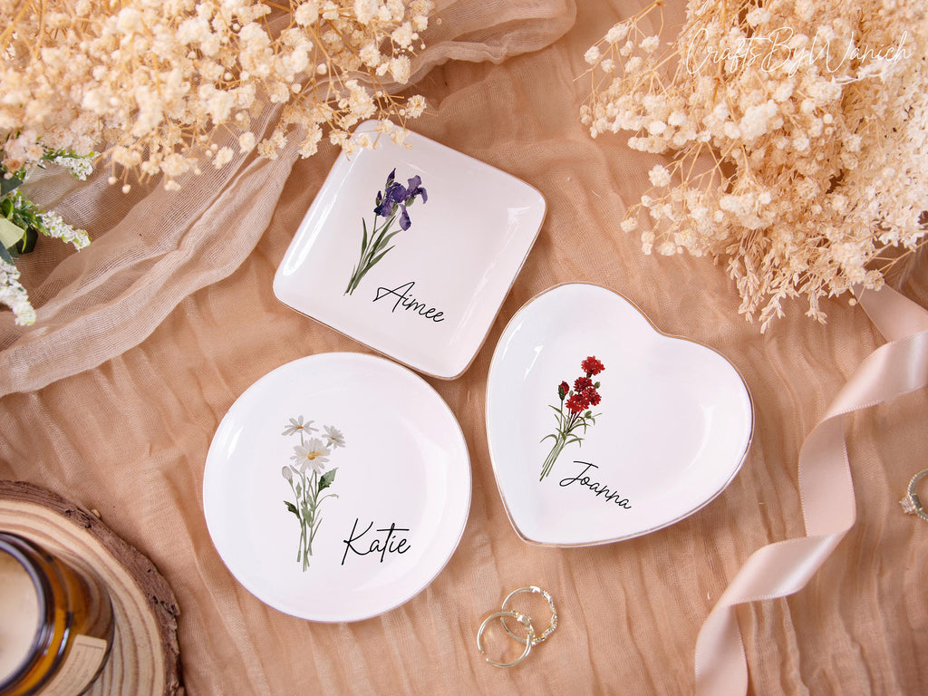 Personalised Birth Flower Trinket Dish, Custom Watercolor Flower Ring Dish, Birthday Jewelry Dish, Wedding Bridesmaid Gift, Christmas Gifts
