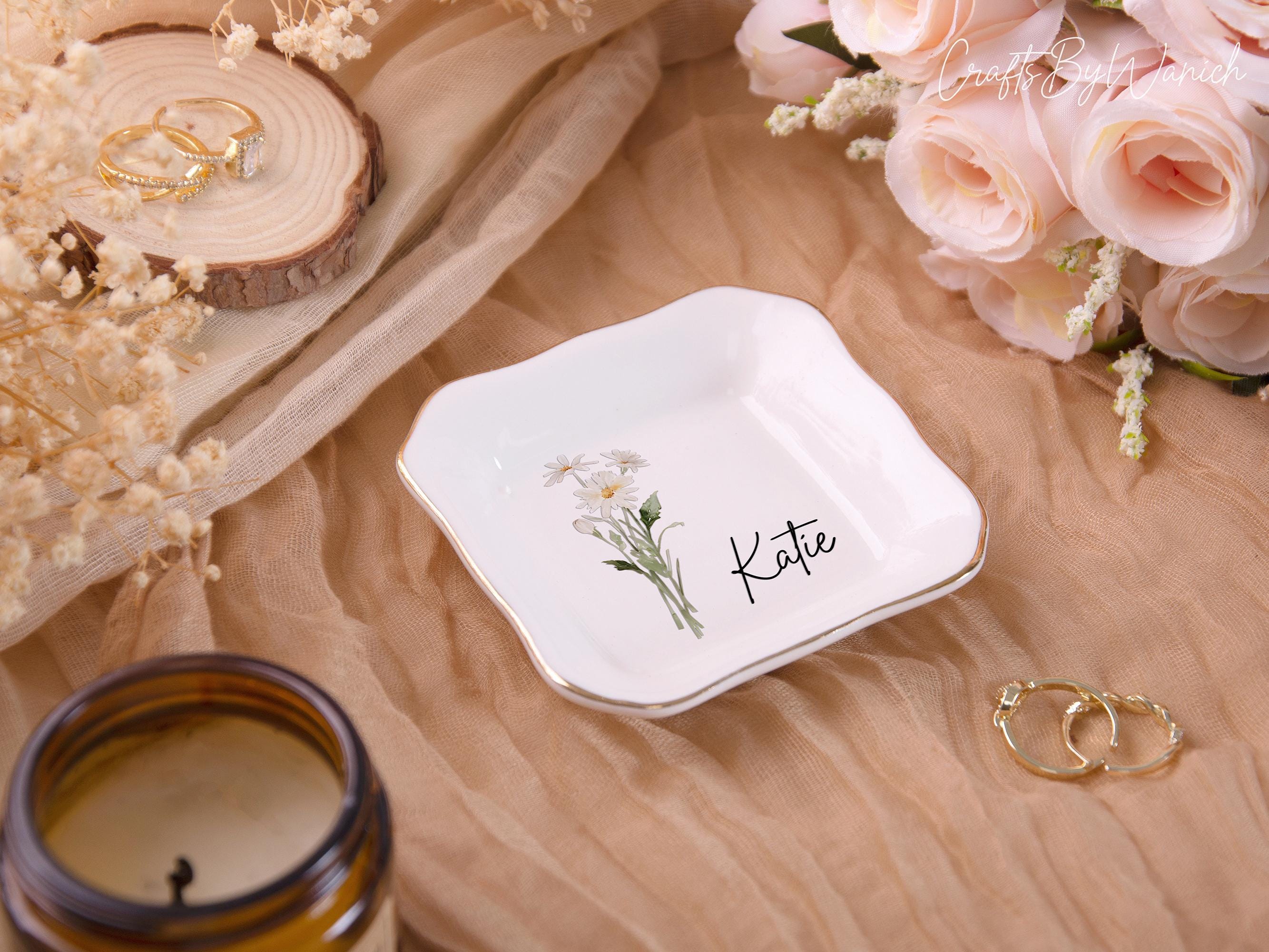 Personalised Birth Flower Trinket Dish, Custom Watercolor Flower Ring Dish, Birthday Jewelry Dish, Wedding Bridesmaid Gift, Christmas Gifts