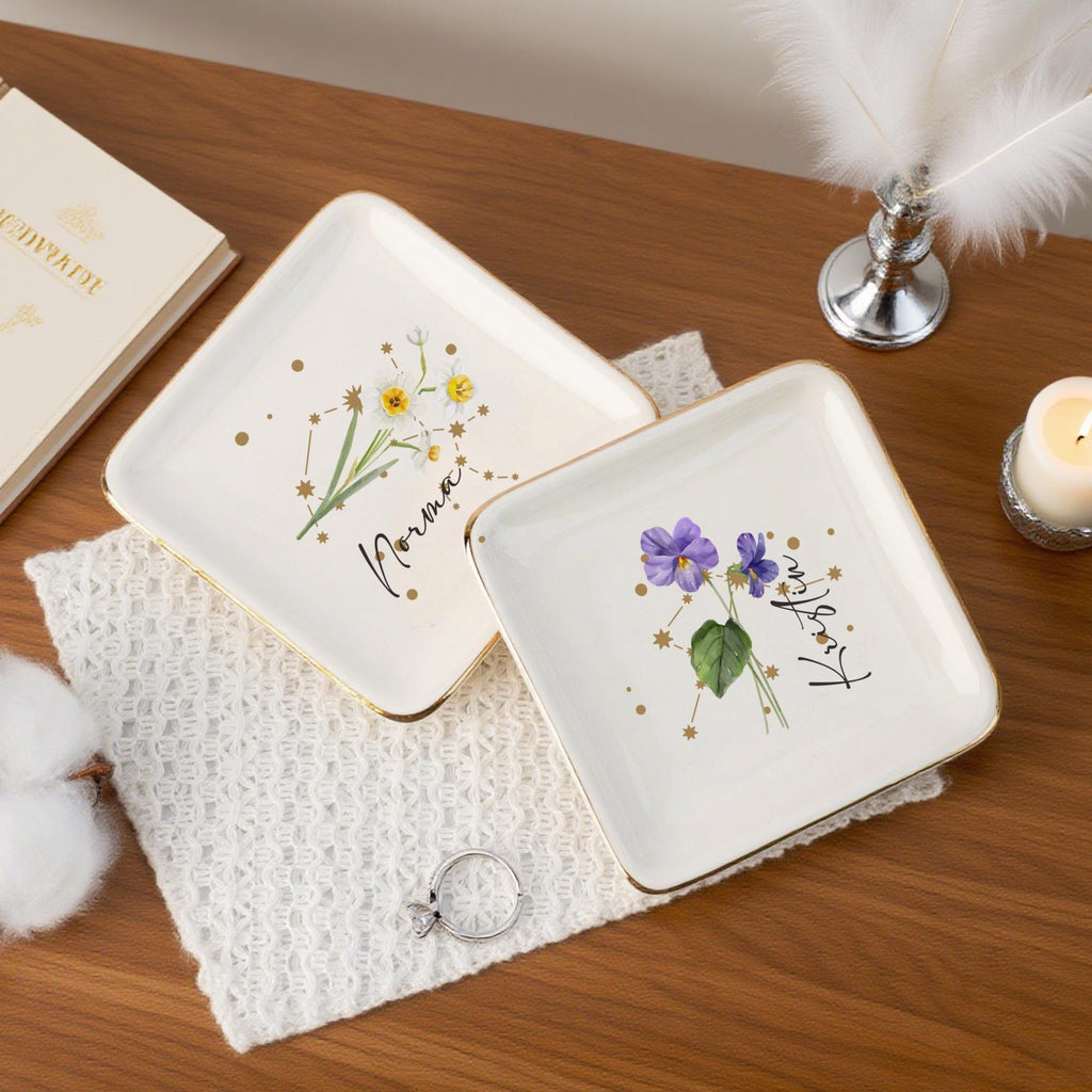 Personalized Birth Flower Ring Dish, Zodiac and Flower with Constellation Trinket Dish,Constellation Jewelry Dish, Birth Flower Trinket Dish