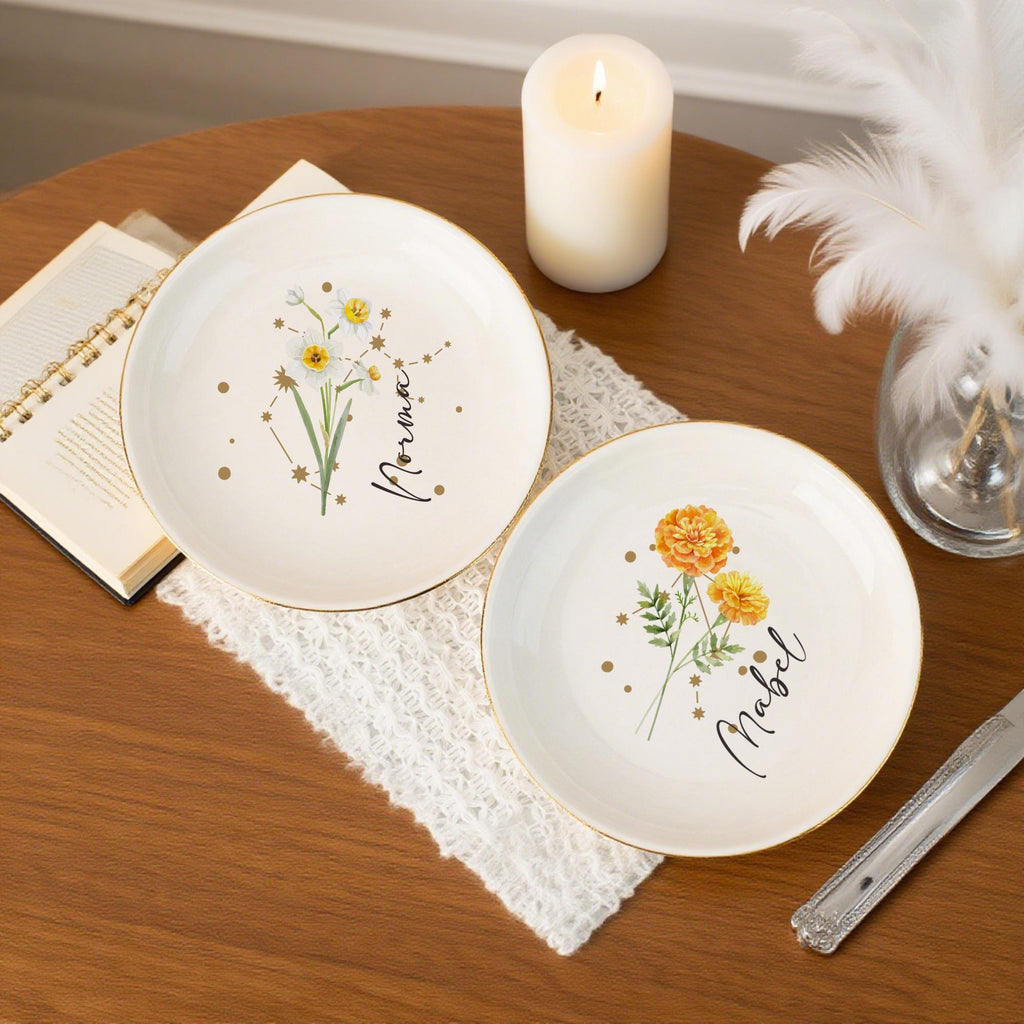 Personalized Birth Flower Ring Dish, Zodiac and Flower with Constellation Trinket Dish,Constellation Jewelry Dish, Birth Flower Trinket Dish