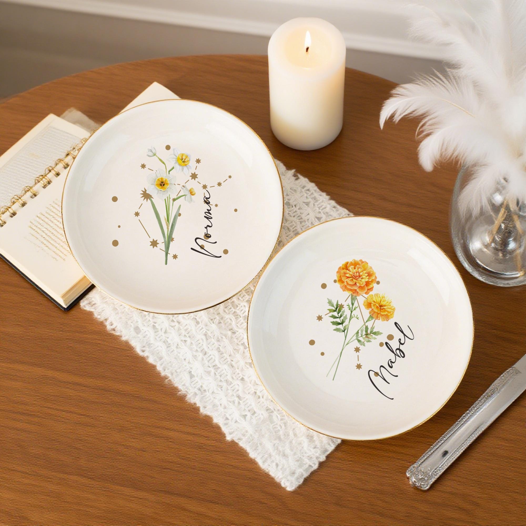 Personalized Birth Flower Ring Dish, Zodiac and Flower with Constellation Trinket Dish,Constellation Jewelry Dish, Birth Flower Trinket Dish