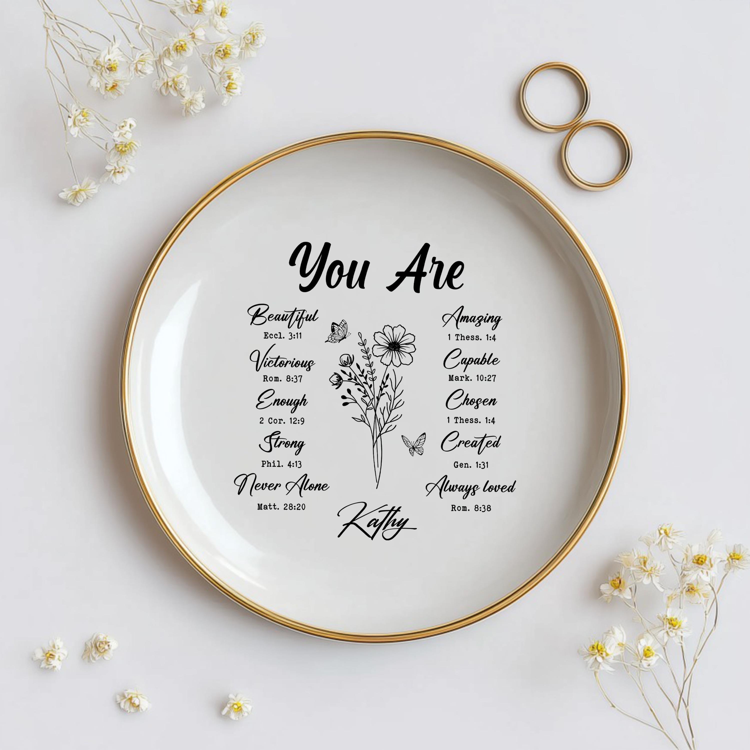 Personalized Christian Jewelry Dish: Scripture Trinket Tray with Gold Rim