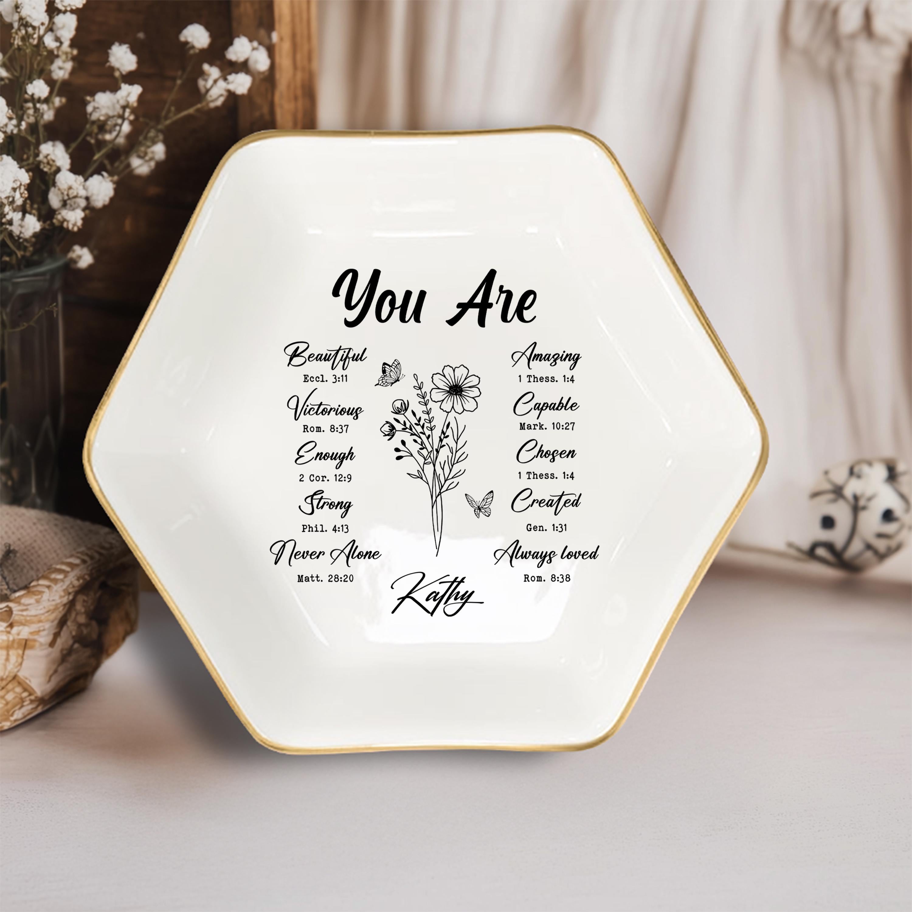 Personalized Christian Jewelry Dish: Scripture Trinket Tray with Gold Rim