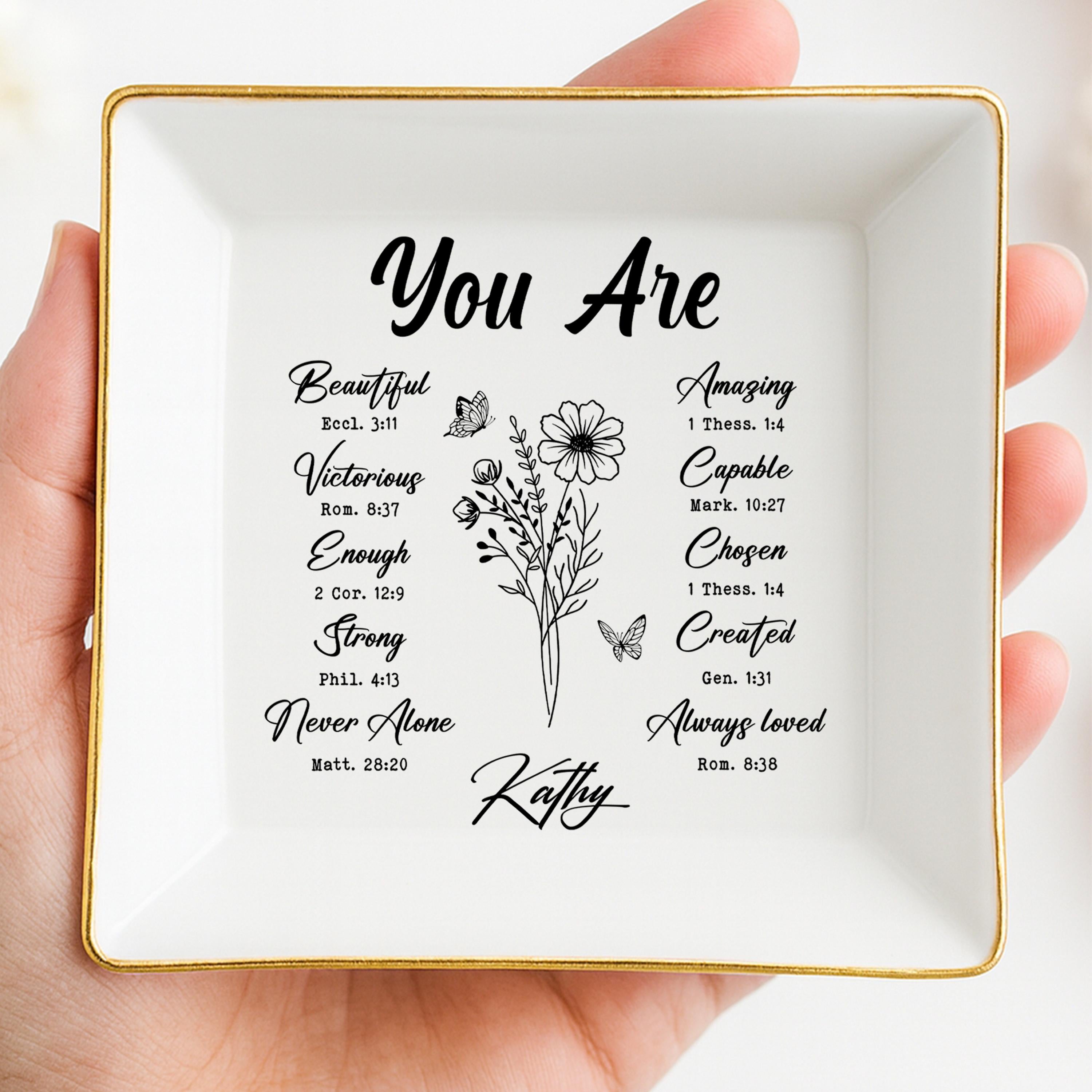 Personalized Christian Jewelry Dish: Scripture Trinket Tray with Gold Rim