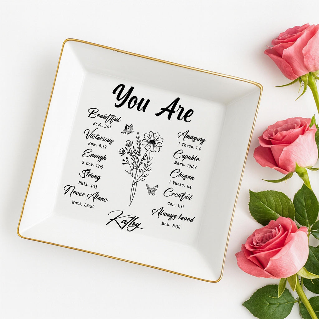 Personalized Christian Jewelry Dish: Scripture Trinket Tray with Gold Rim