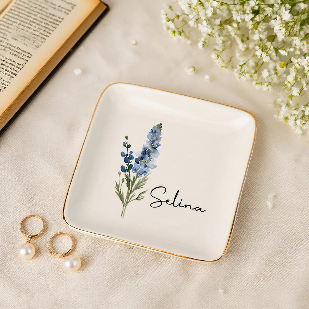 Personalized Birth Flower Jewelry Dish,Floral Name Trinket Dish,Wedding Bridesmaid Ring Dish,Jewelry Dish for Women,Christmas Gift for Her