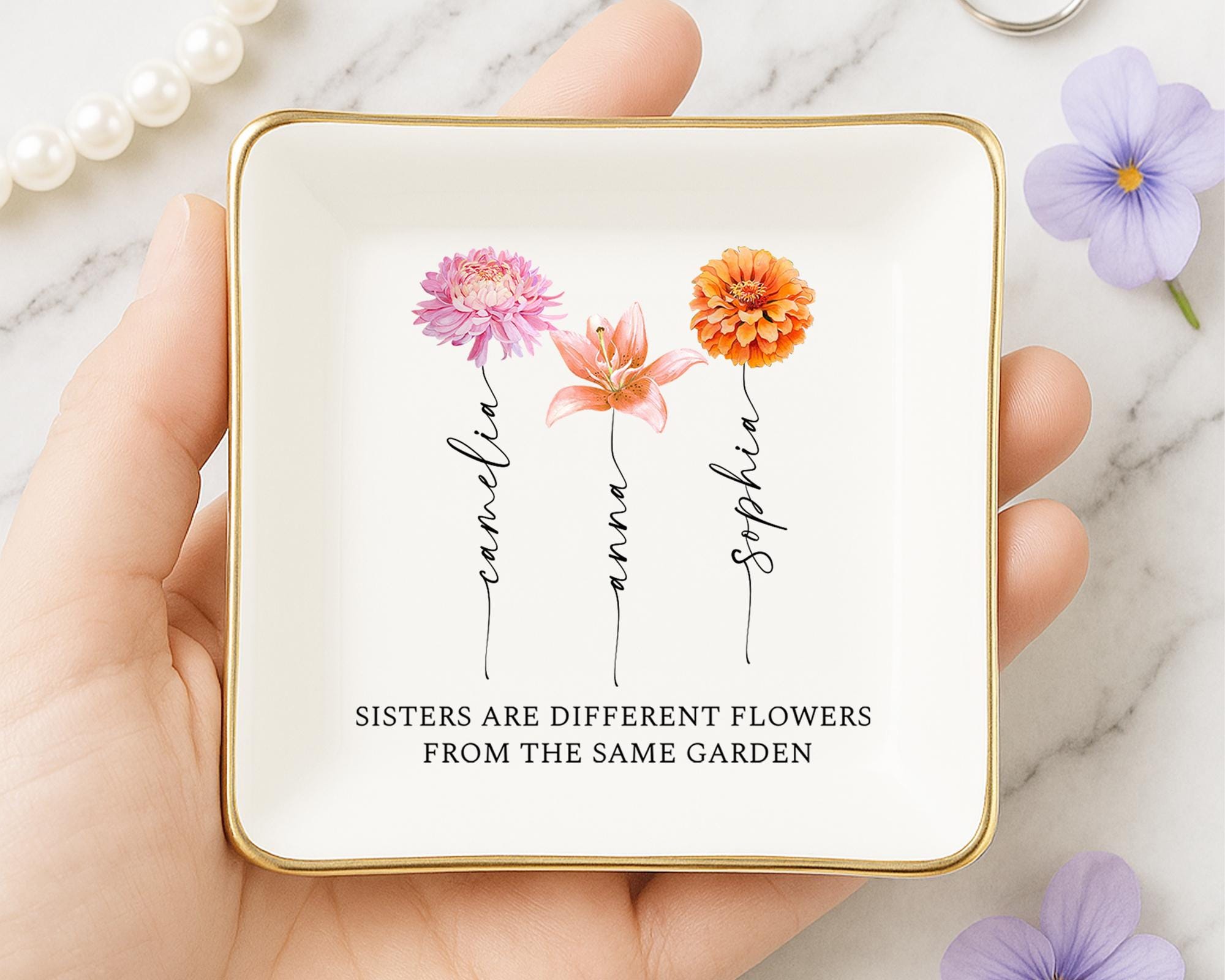 Personalized Sister Birth Flower Jewelry Dish: Ceramic Ring Holder