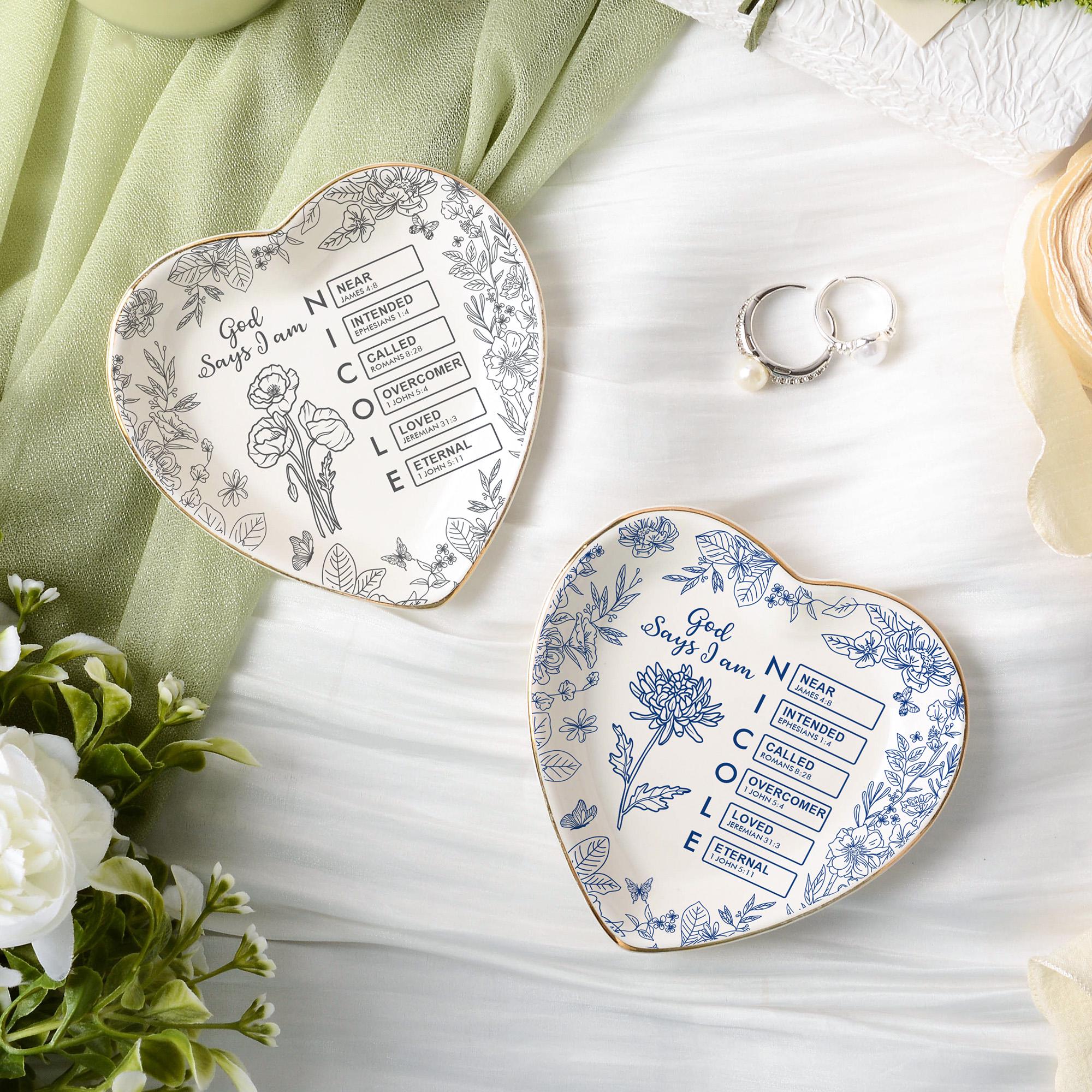 Personalized Christian Name Jewelry Dish With Bible Verses,God Says I Am Toile De Jouy,Custom Scripture Gifts,Religious Gifts For Her,Xmas