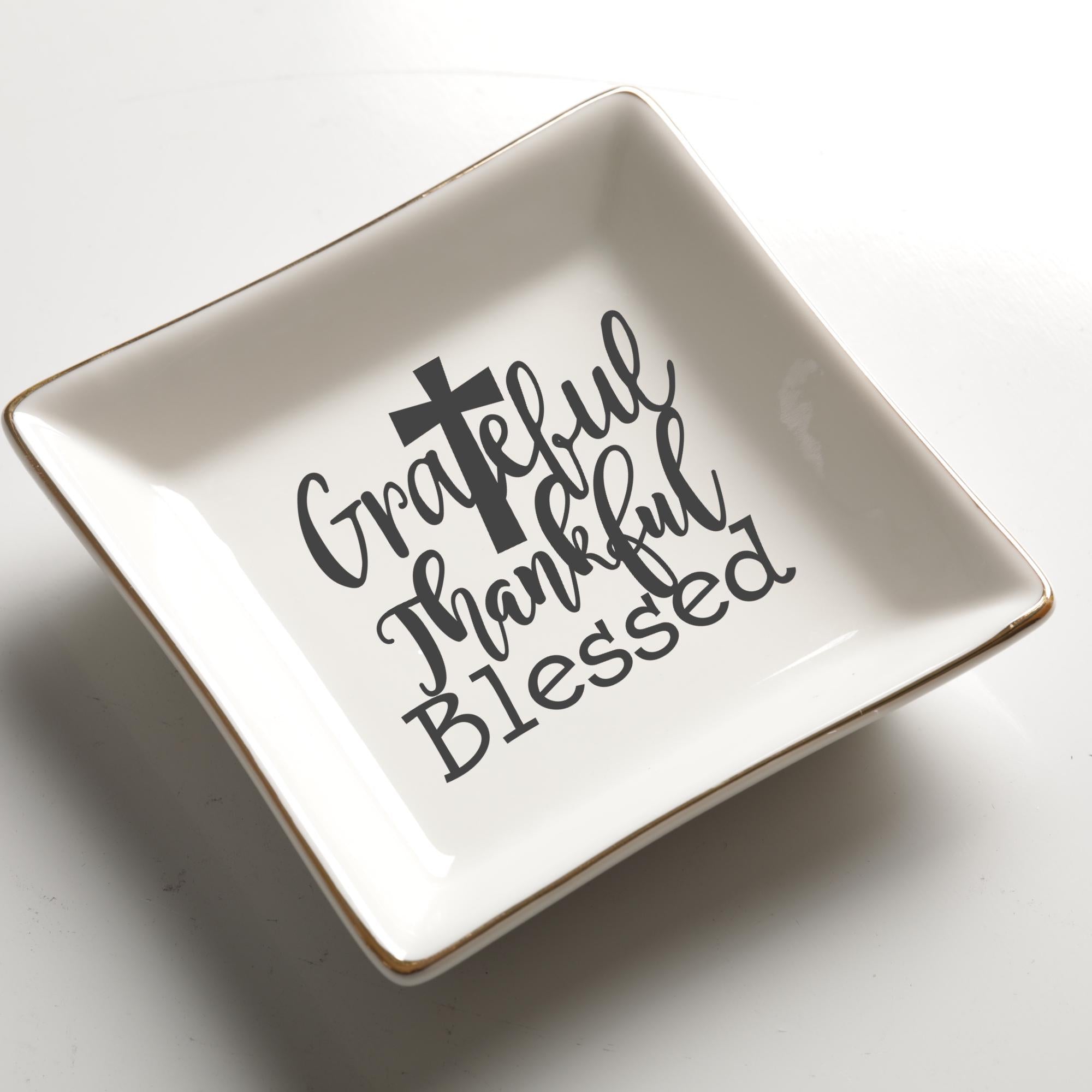 Grateful Thankful Blessed Ring Dish, Christian Trinket Dish Set, Jewelry Holder for Rings Earrings Faith Gift